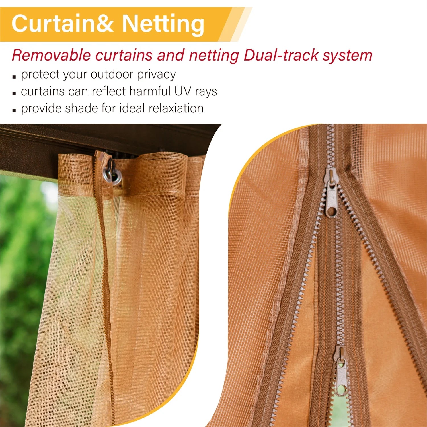 Summit Living 10' X 12' Outdoor Hardtop Gazebo Aluminum Frame Galvanized Steel Double Roof Patio Gazebo with Netting and Curtains Brown