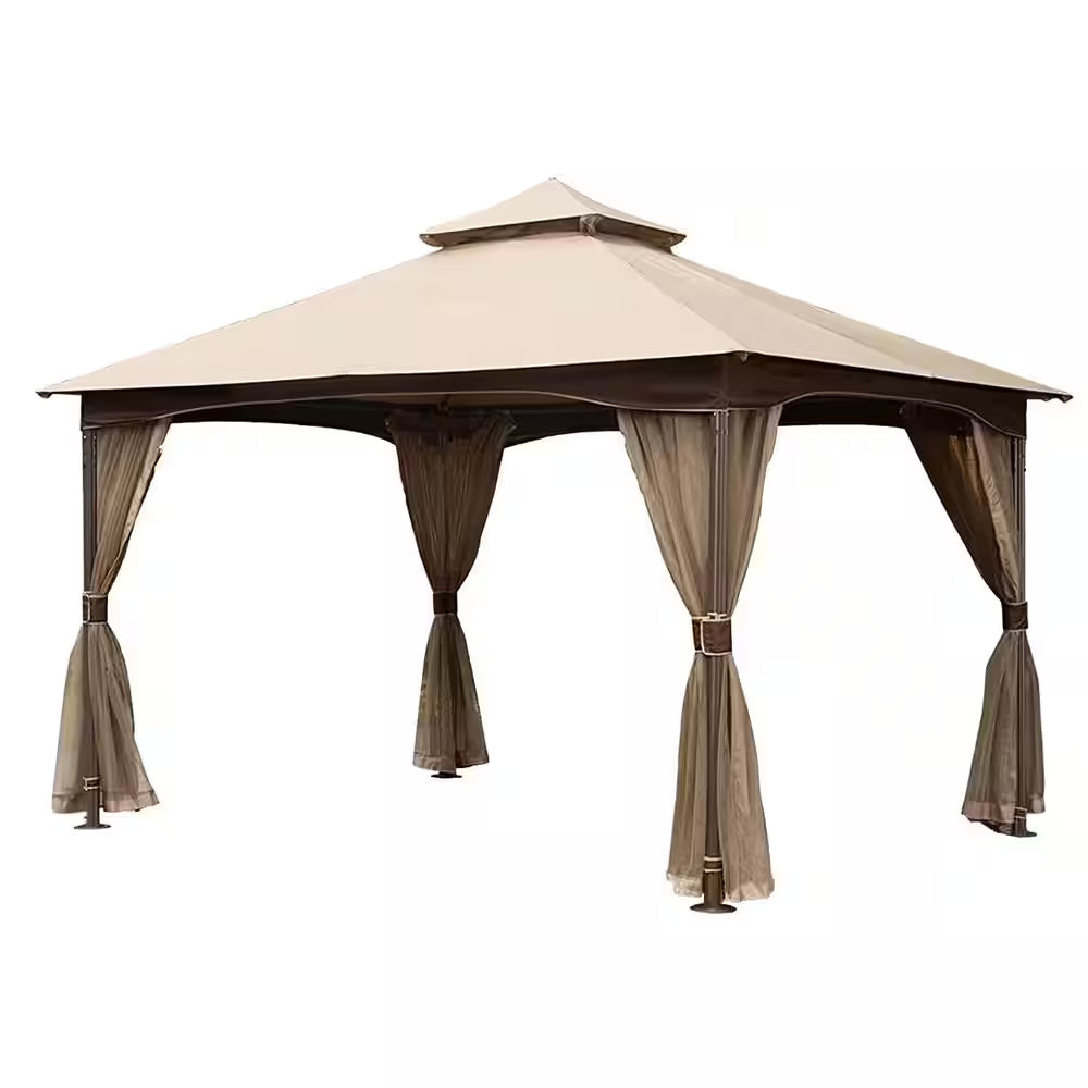 12 Ft. X 12 Ft. Wooden Coated Aluminum Frame Canopy with Galvanized Steel Double Roof with Curtains and Netting