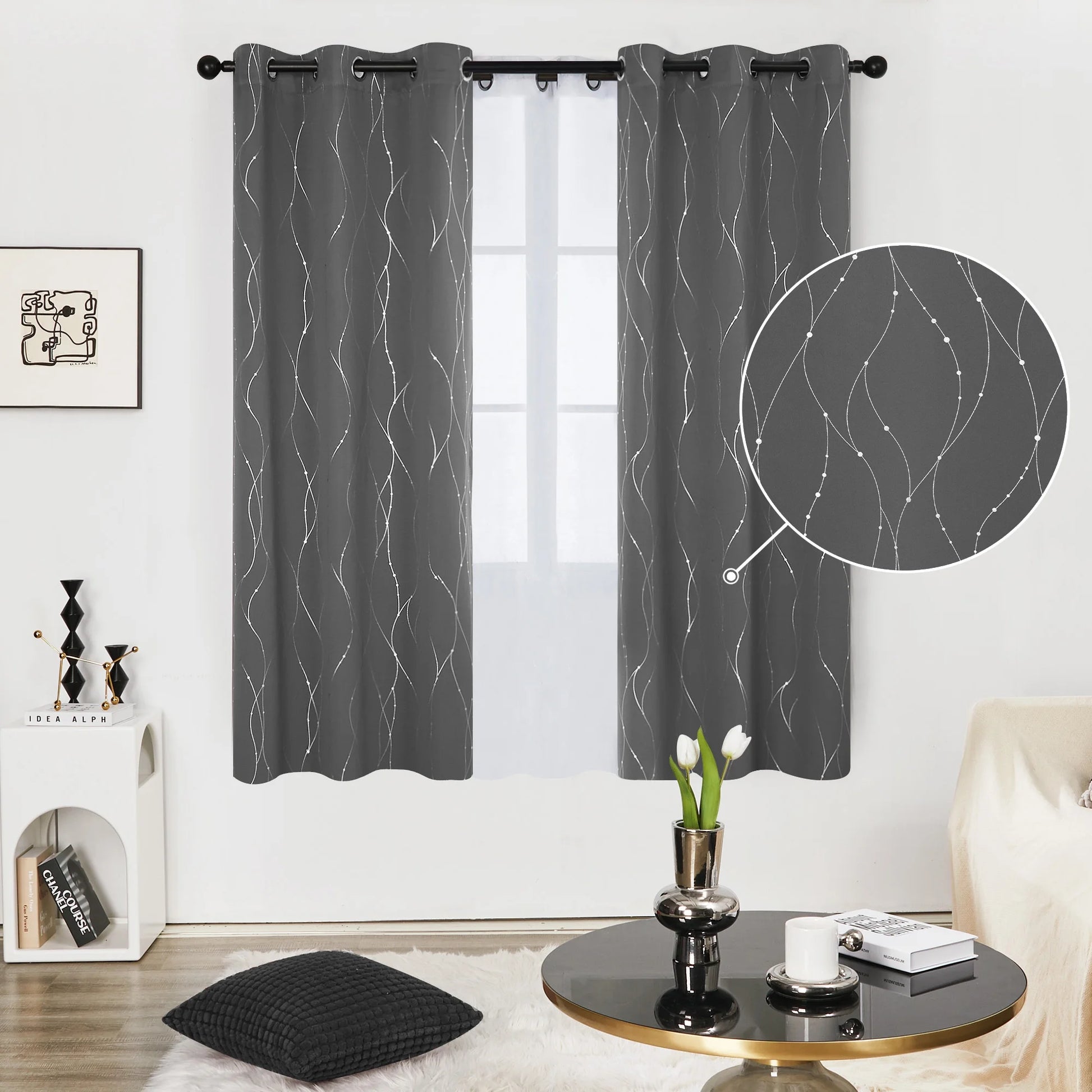 Silver Printed Blackout Curtains - 2 Panels, Wave Dots Pattern, Grommet Top, 52"X95", Thermal Insulated Drapes for Bedroom & Living Room, Gray