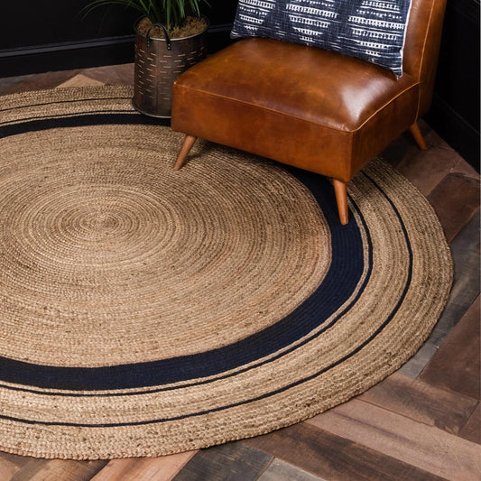 Braided Jute Collection Area Rug - Gujarat (8' round Natural and Navy Blue/Navy Blue)