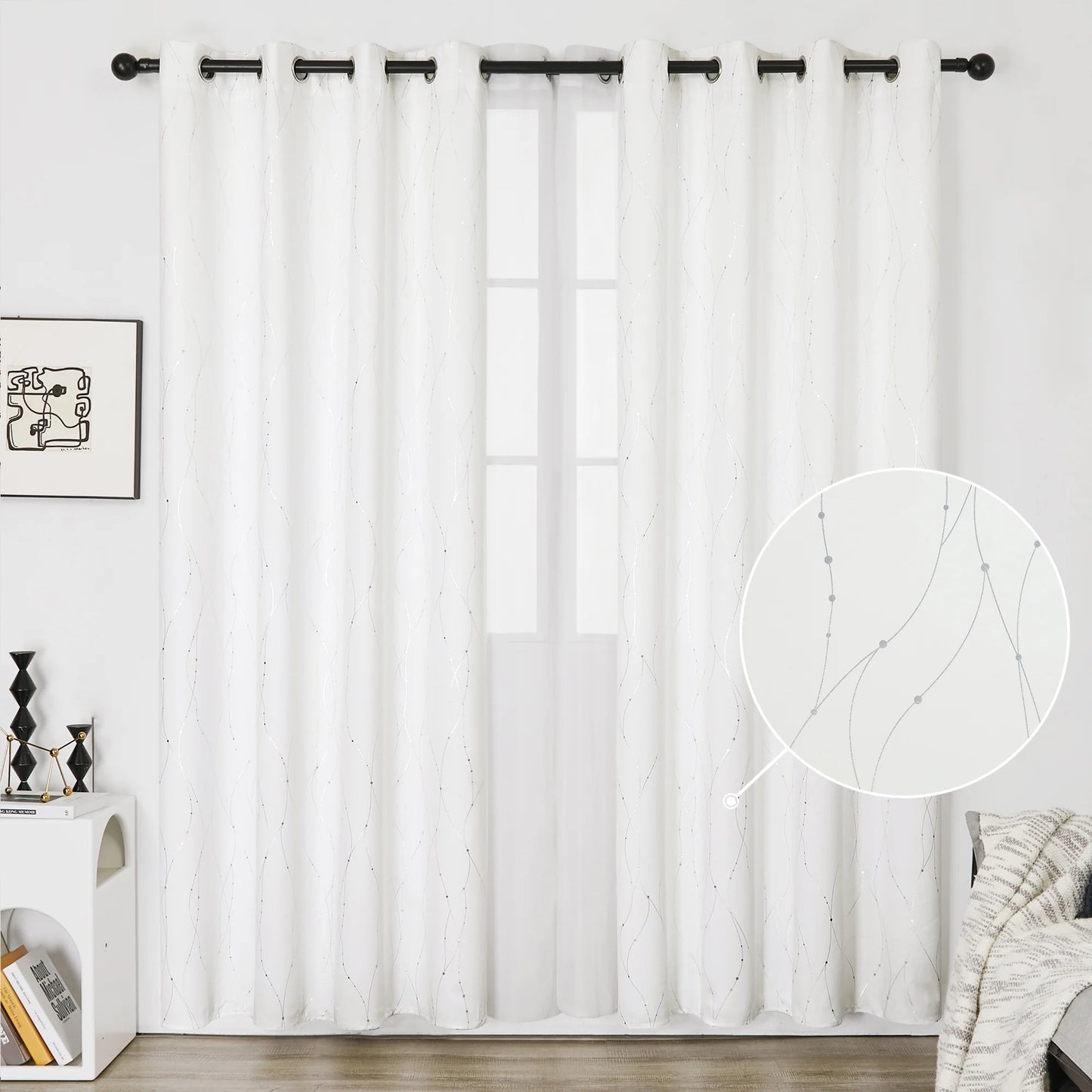 Silver Printed Blackout Curtains - 2 Panels, Wave Dots Pattern, Grommet Top, 52"X95", Thermal Insulated Drapes for Bedroom & Living Room, Gray
