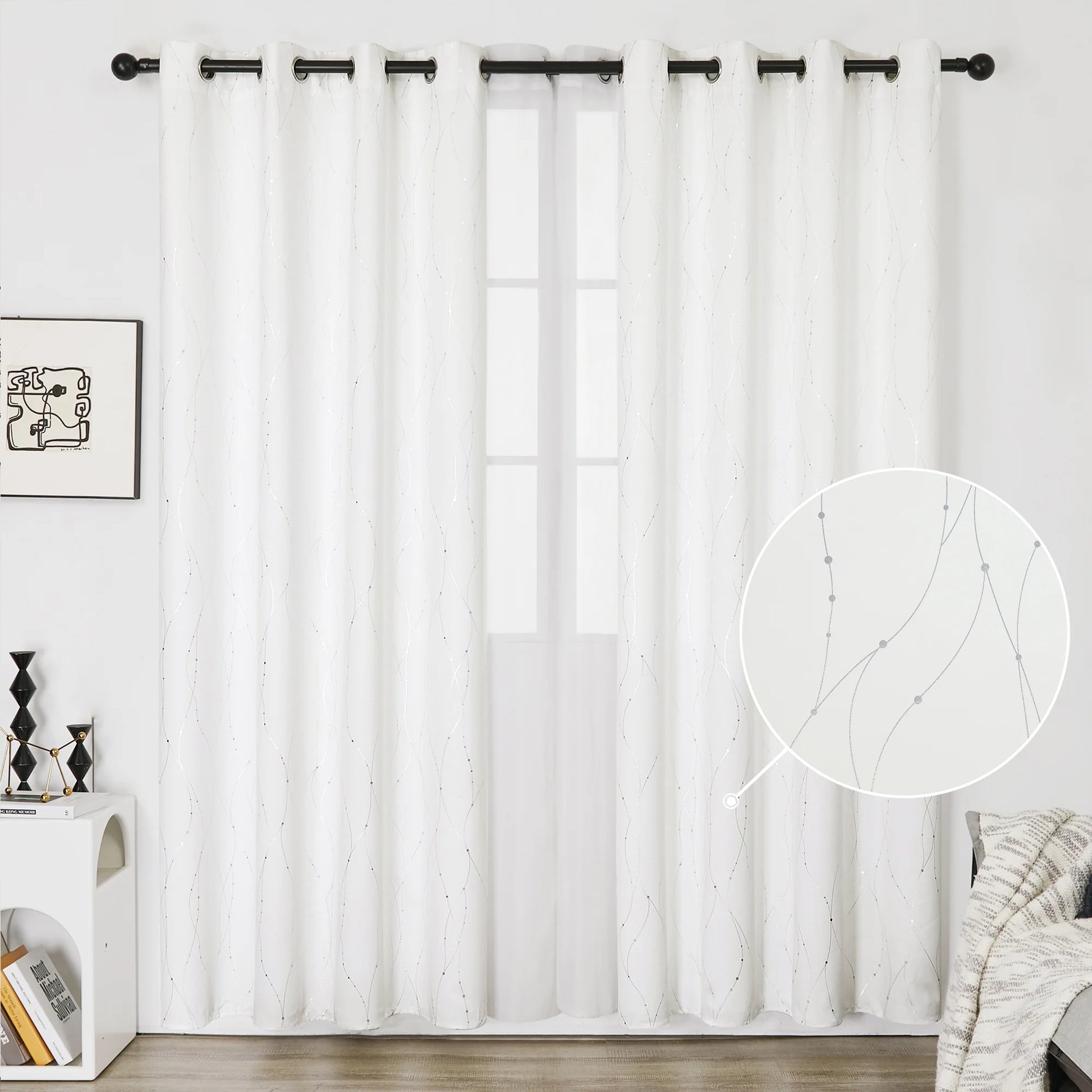 Silver Printed Blackout Curtains - 2 Panels, Wave Dots Pattern, Grommet Top, 52"X95", Thermal Insulated Drapes for Bedroom & Living Room, Gray
