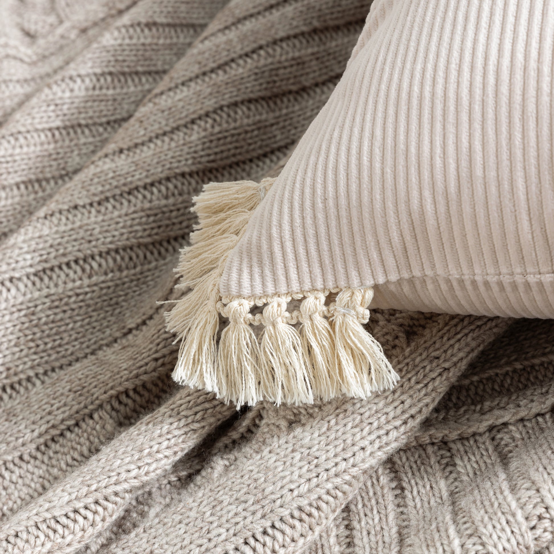 Soft Corduroy Velvet with Cotton Tassel Solid Square Cusion Accent Decorative Throw Pillow for Couch, 12" X 20", off White, 2 Pack