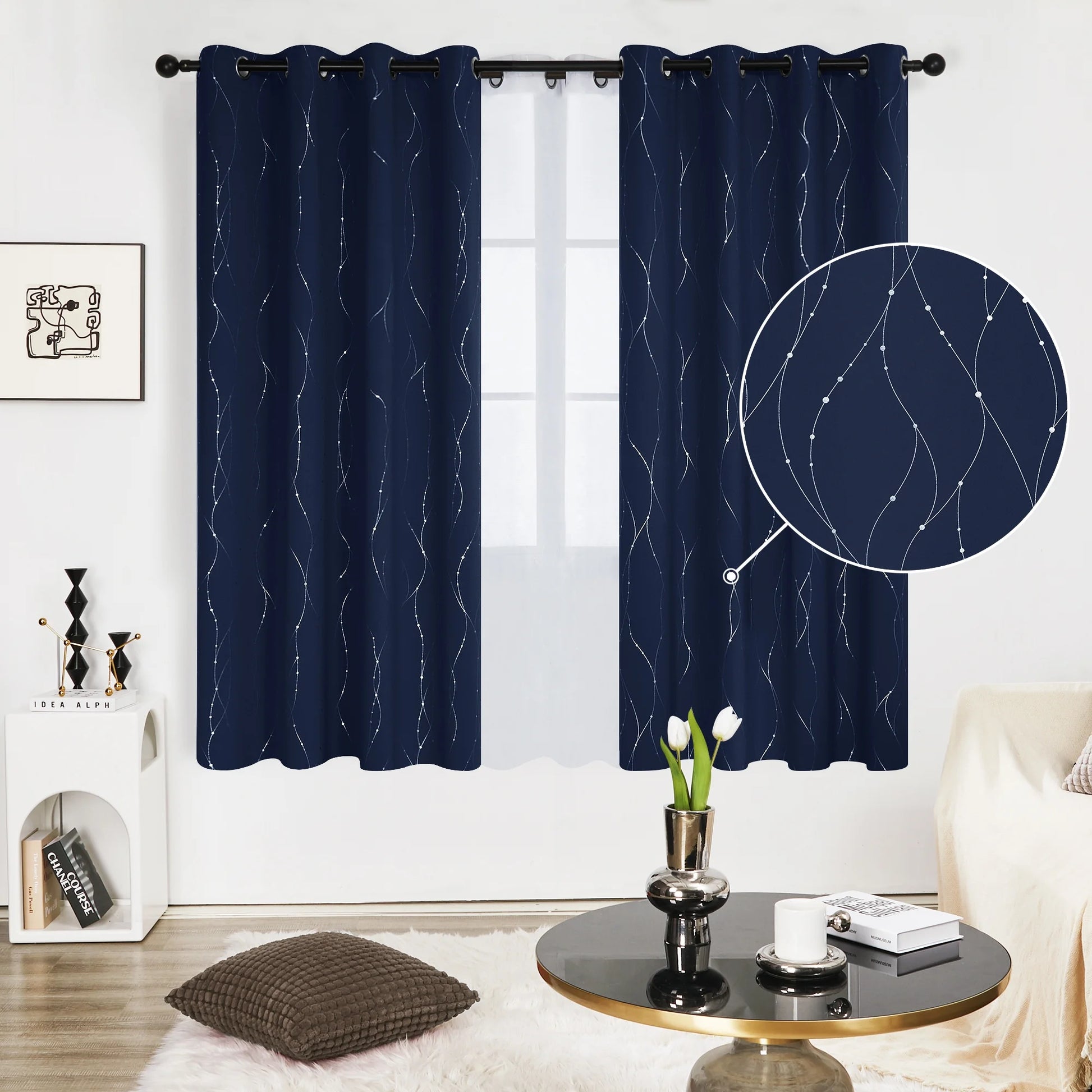 Silver Printed Blackout Curtains - 2 Panels, Wave Dots Pattern, Grommet Top, 52"X95", Thermal Insulated Drapes for Bedroom & Living Room, Gray