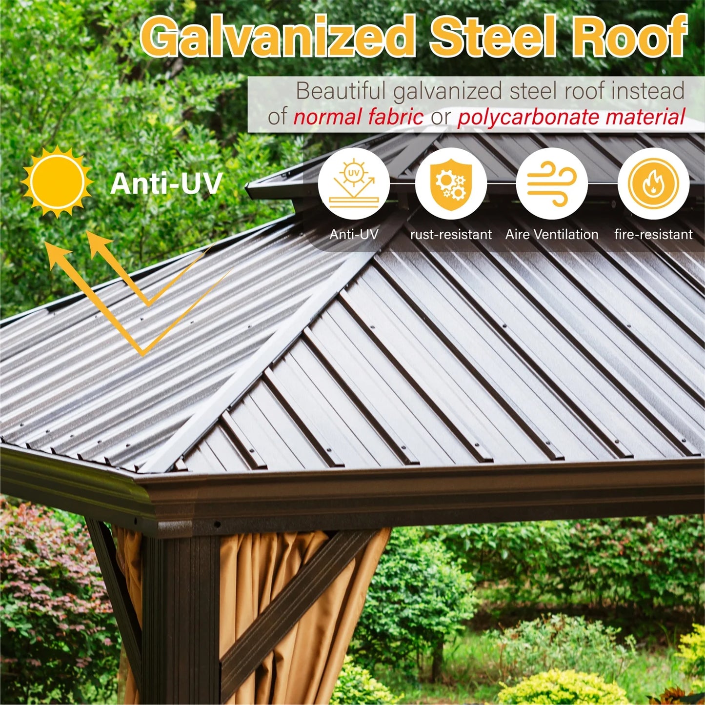 Summit Living 10' X 12' Outdoor Hardtop Gazebo Aluminum Frame Galvanized Steel Double Roof Patio Gazebo with Netting and Curtains Brown