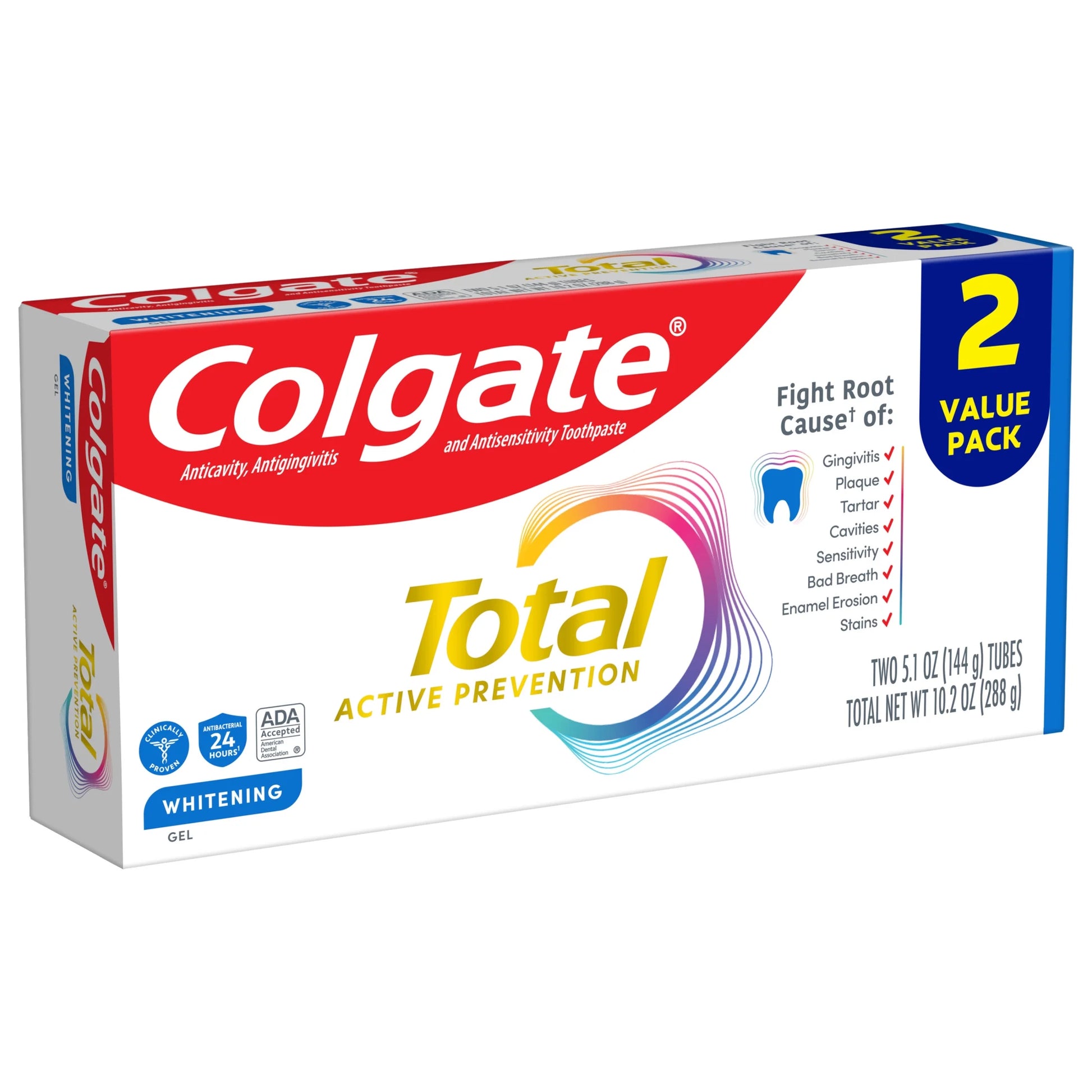 Total Active Prevention Whitening Gel Toothpaste, Mint, 2 Pack, 5.1 Oz