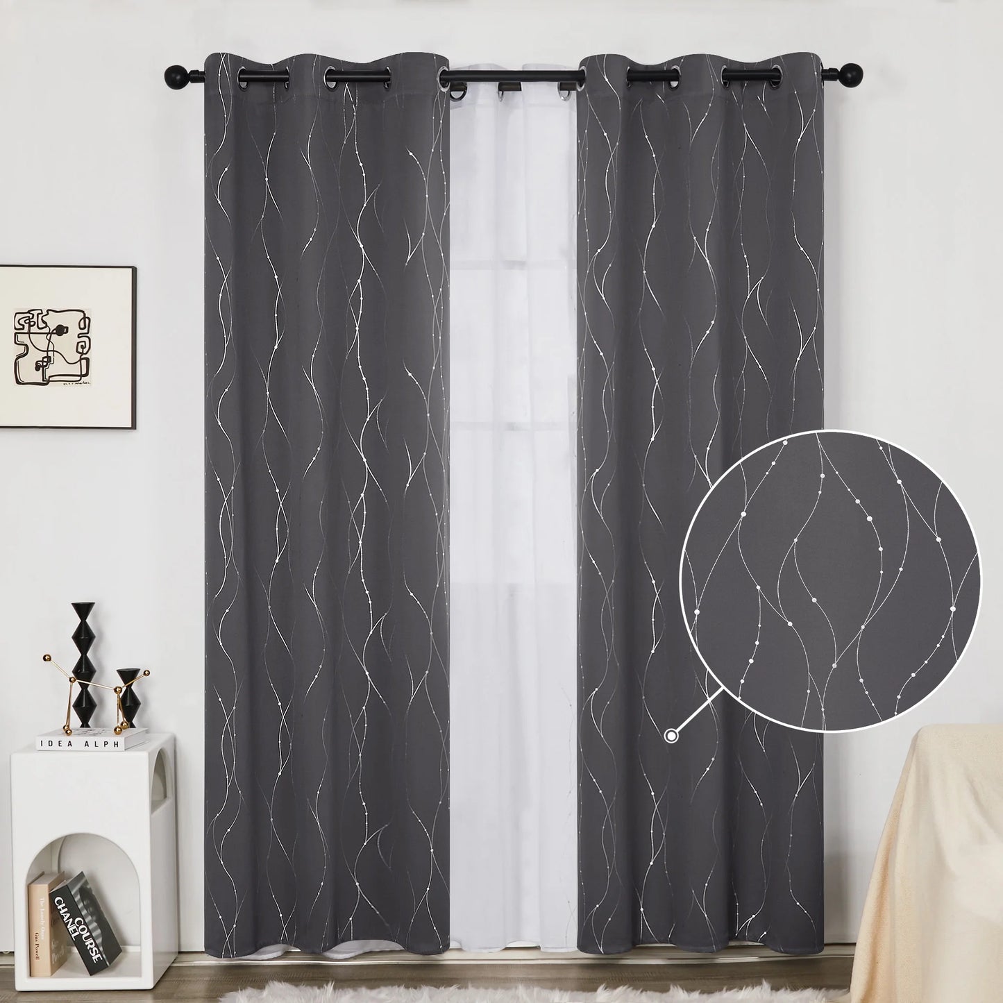 Silver Printed Blackout Curtains - 2 Panels, Wave Dots Pattern, Grommet Top, 52"X95", Thermal Insulated Drapes for Bedroom & Living Room, Gray