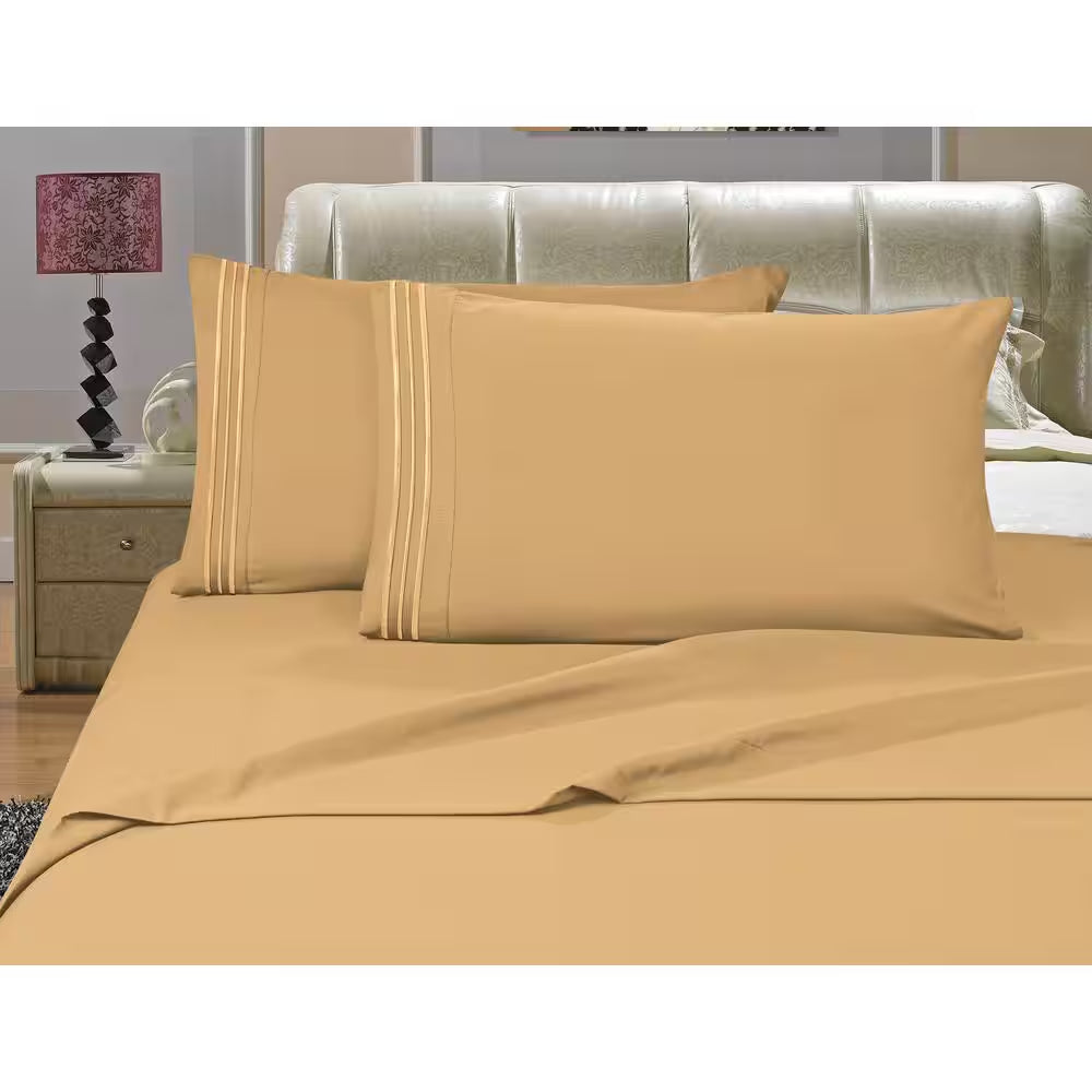 4-Piece Gold Solid Microfiber King - Split Sheet Set