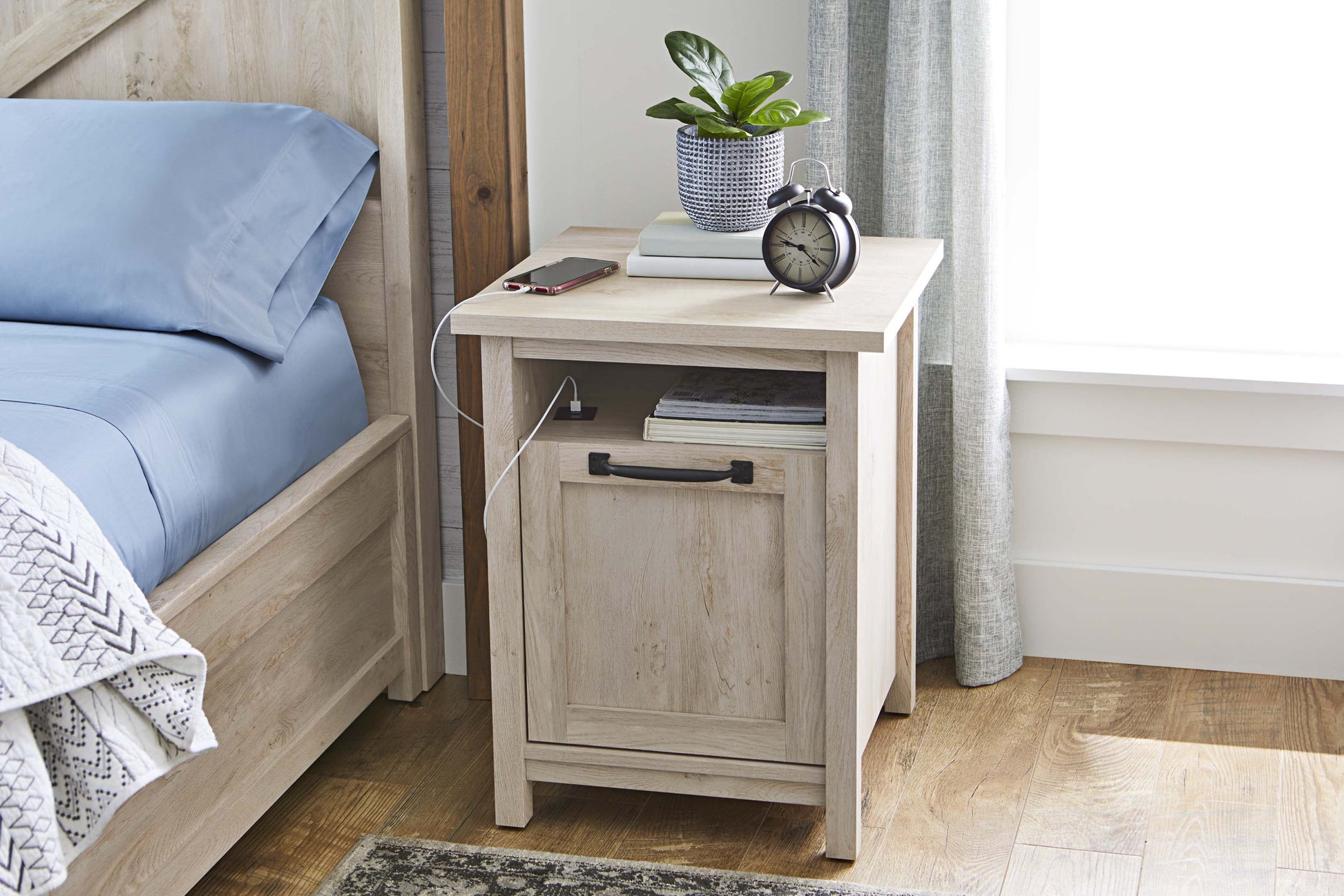 Modern Farmhouse USB Nightstand, Rustic White Finish