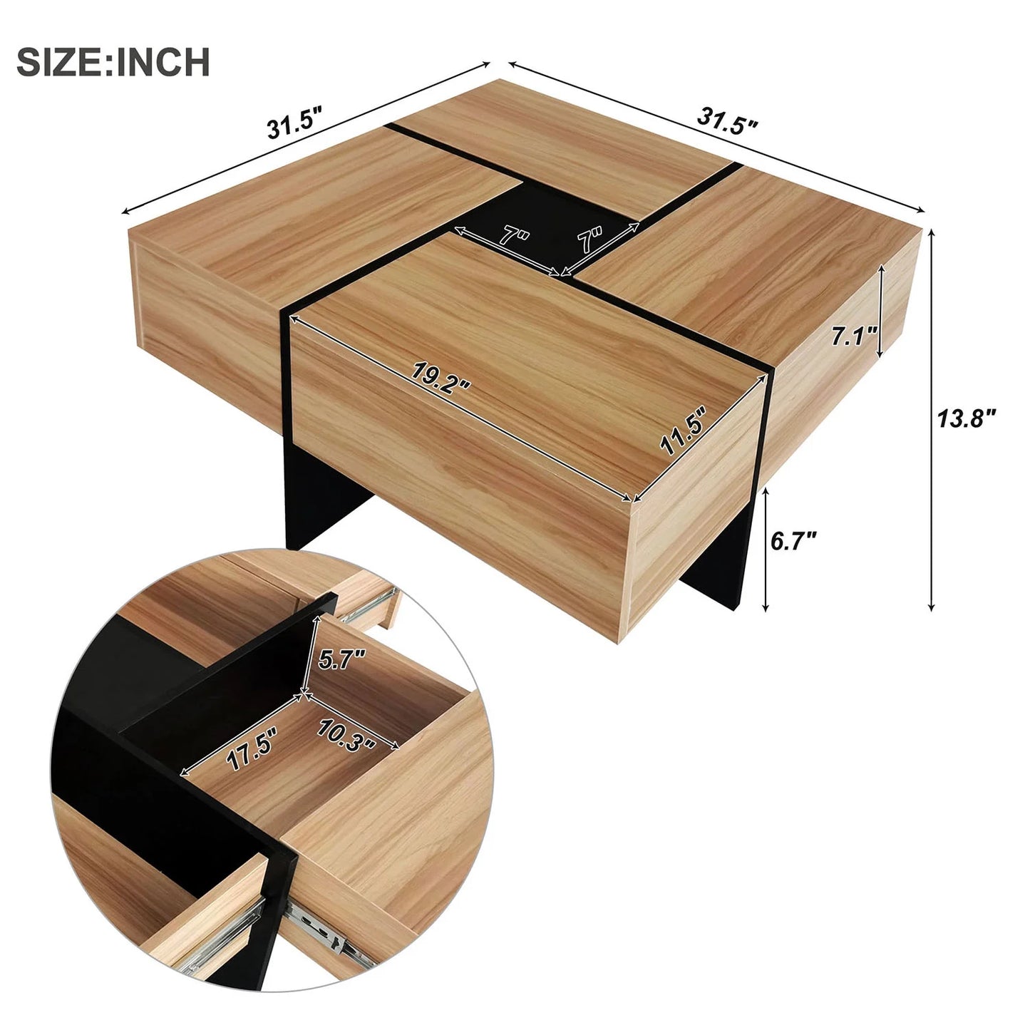 Unique Coffee Table, Side End Table with 4 Hidden Storage Compartments, Extendable Sliding Tabletop Accent Table for Living Room, Brown