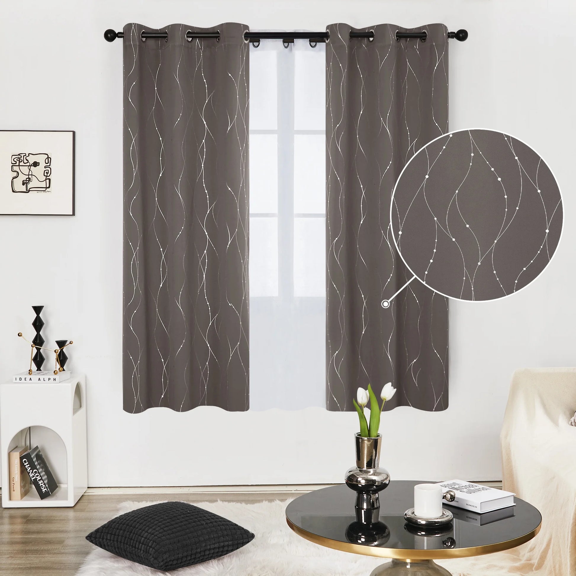 Silver Printed Blackout Curtains - 2 Panels, Wave Dots Pattern, Grommet Top, 52"X95", Thermal Insulated Drapes for Bedroom & Living Room, Gray