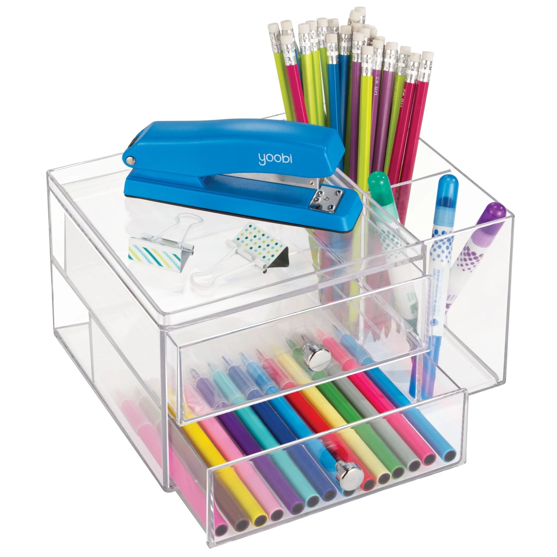 Clarity Cosmetic Organizer for Vanity Cabinet to Hold Makeup, Beauty Products, 2 Drawer with Side Caddy, Clear