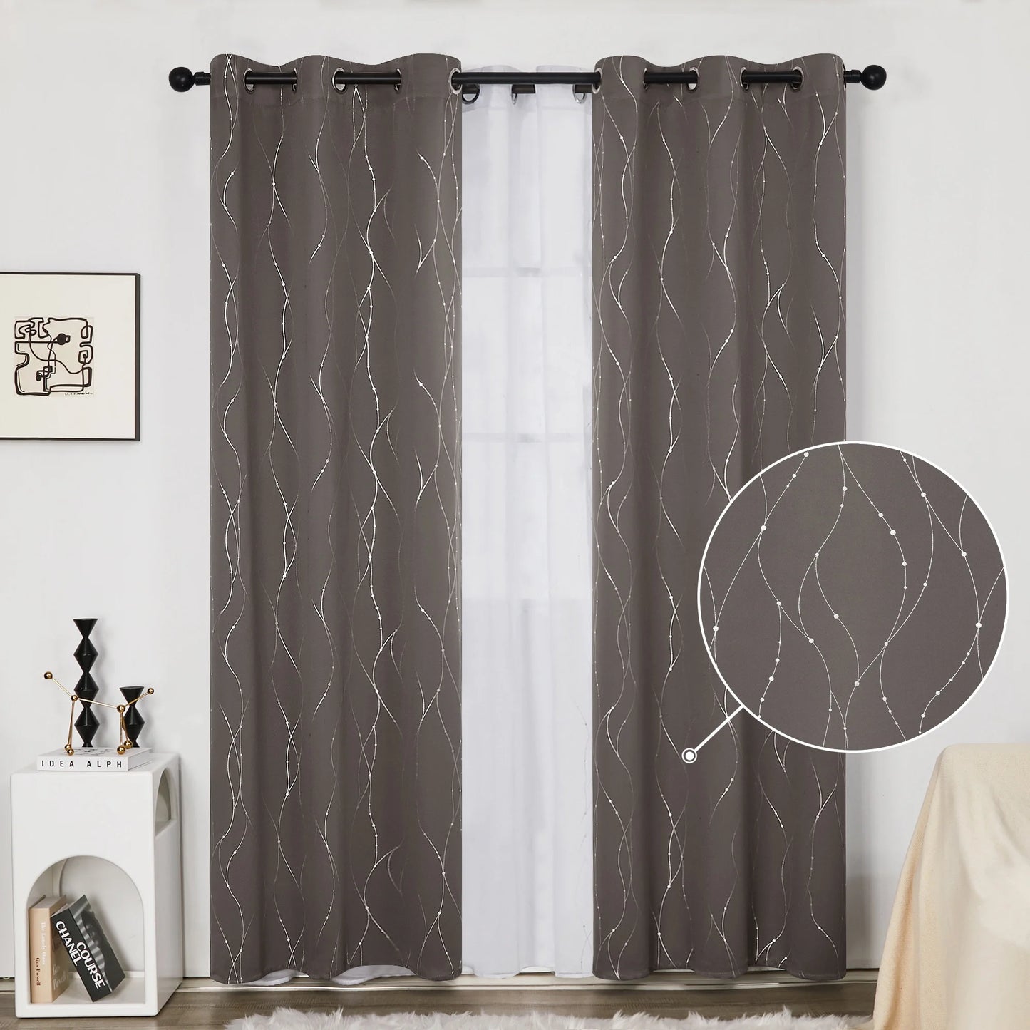 Silver Printed Blackout Curtains - 2 Panels, Wave Dots Pattern, Grommet Top, 52"X95", Thermal Insulated Drapes for Bedroom & Living Room, Gray
