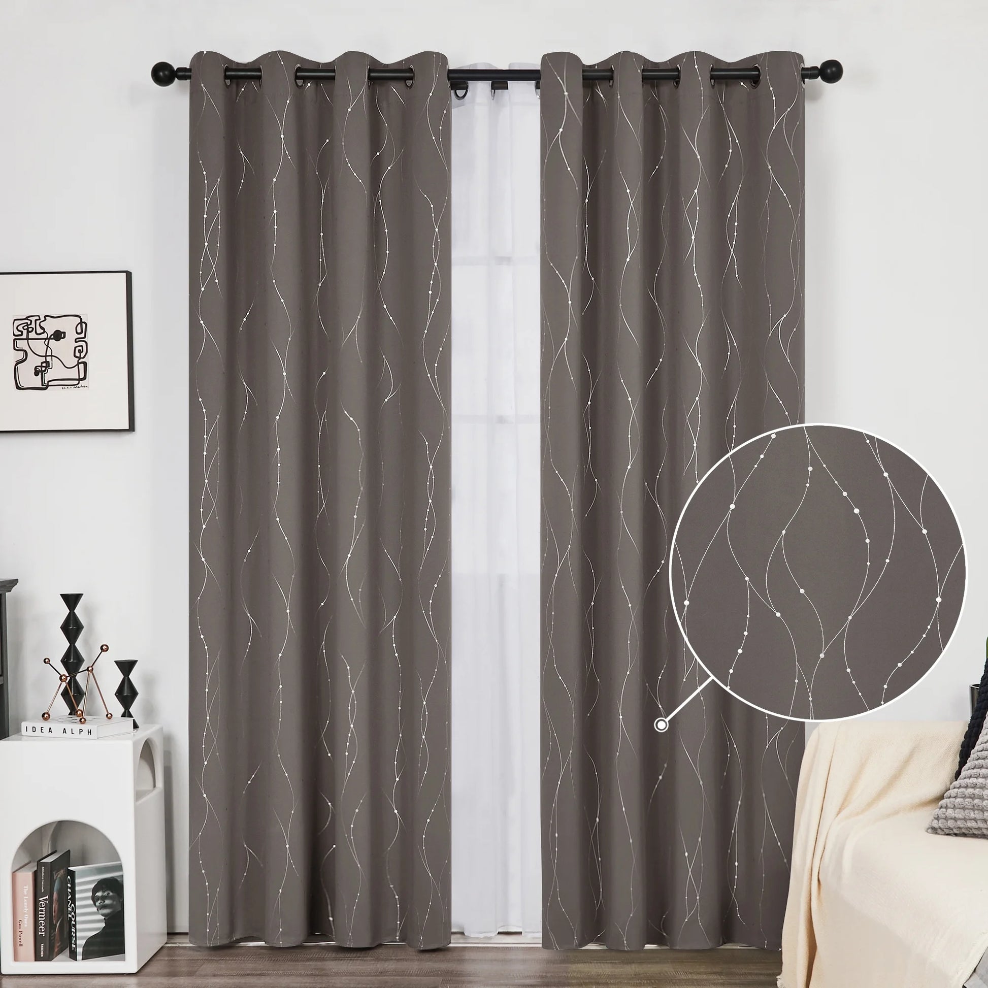Silver Printed Blackout Curtains - 2 Panels, Wave Dots Pattern, Grommet Top, 52"X95", Thermal Insulated Drapes for Bedroom & Living Room, Gray