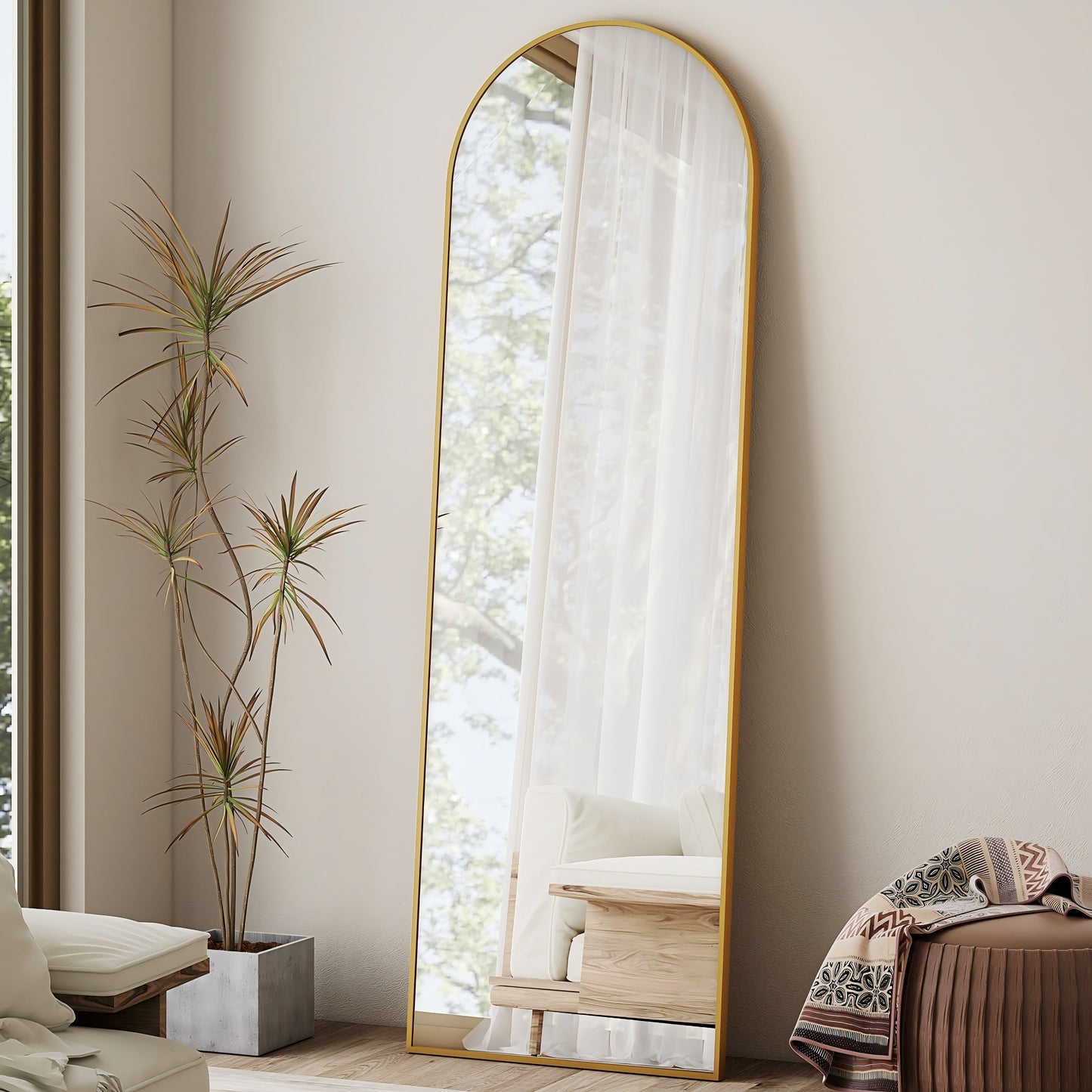 58"X18" Full Length Arch Top Mirror with Metal Frame Stand Wall Mounted, Black
