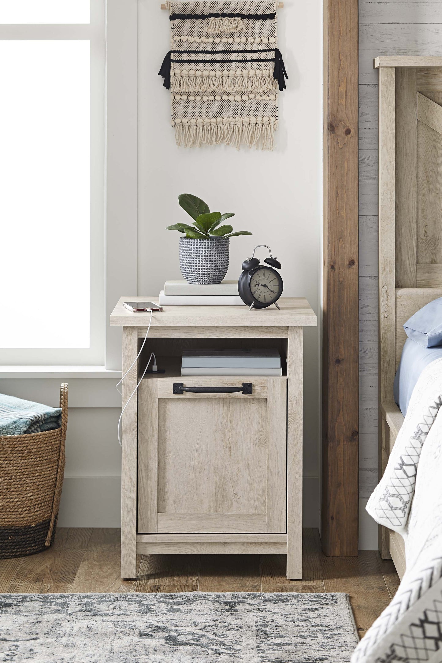 Modern Farmhouse USB Nightstand, Rustic White Finish