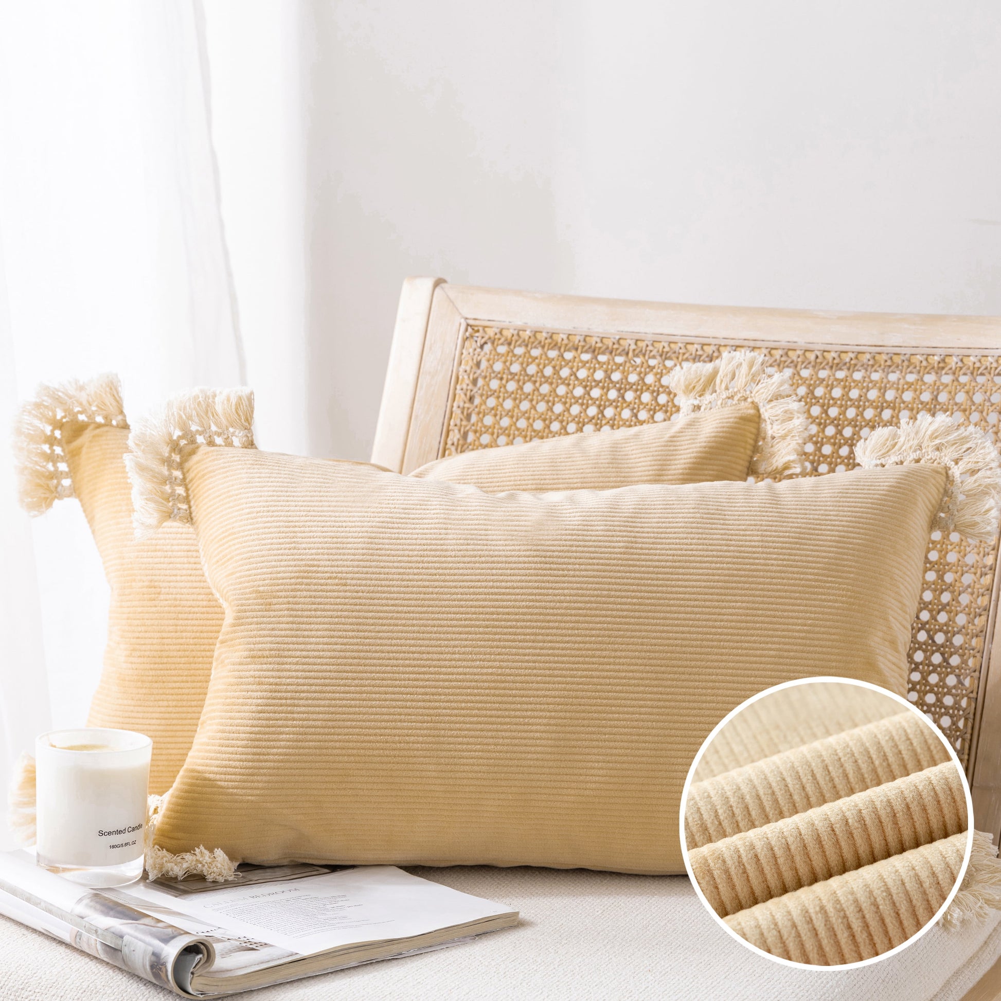 Soft Corduroy Velvet with Cotton Tassel Solid Square Cusion Accent Decorative Throw Pillow for Couch, 12" X 20", off White, 2 Pack