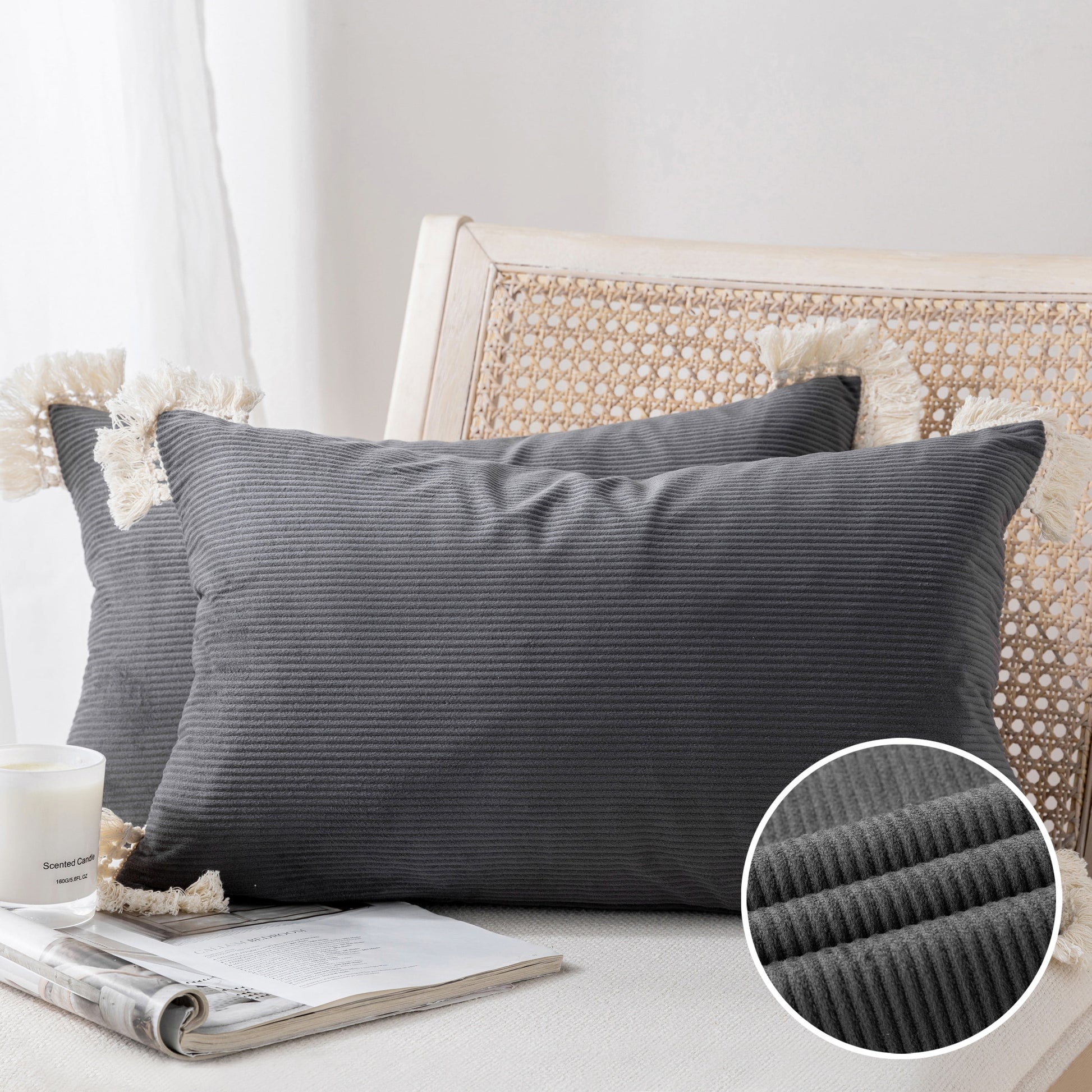 Soft Corduroy Velvet with Cotton Tassel Solid Square Cusion Accent Decorative Throw Pillow for Couch, 12" X 20", off White, 2 Pack