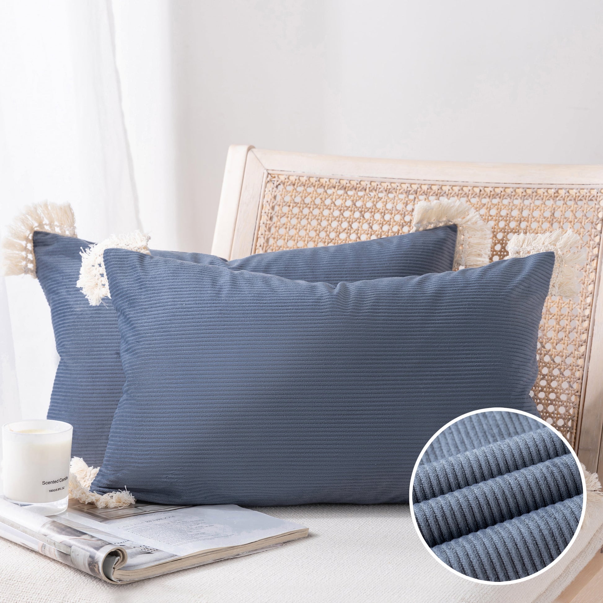 Soft Corduroy Velvet with Cotton Tassel Solid Square Cusion Accent Decorative Throw Pillow for Couch, 12" X 20", off White, 2 Pack