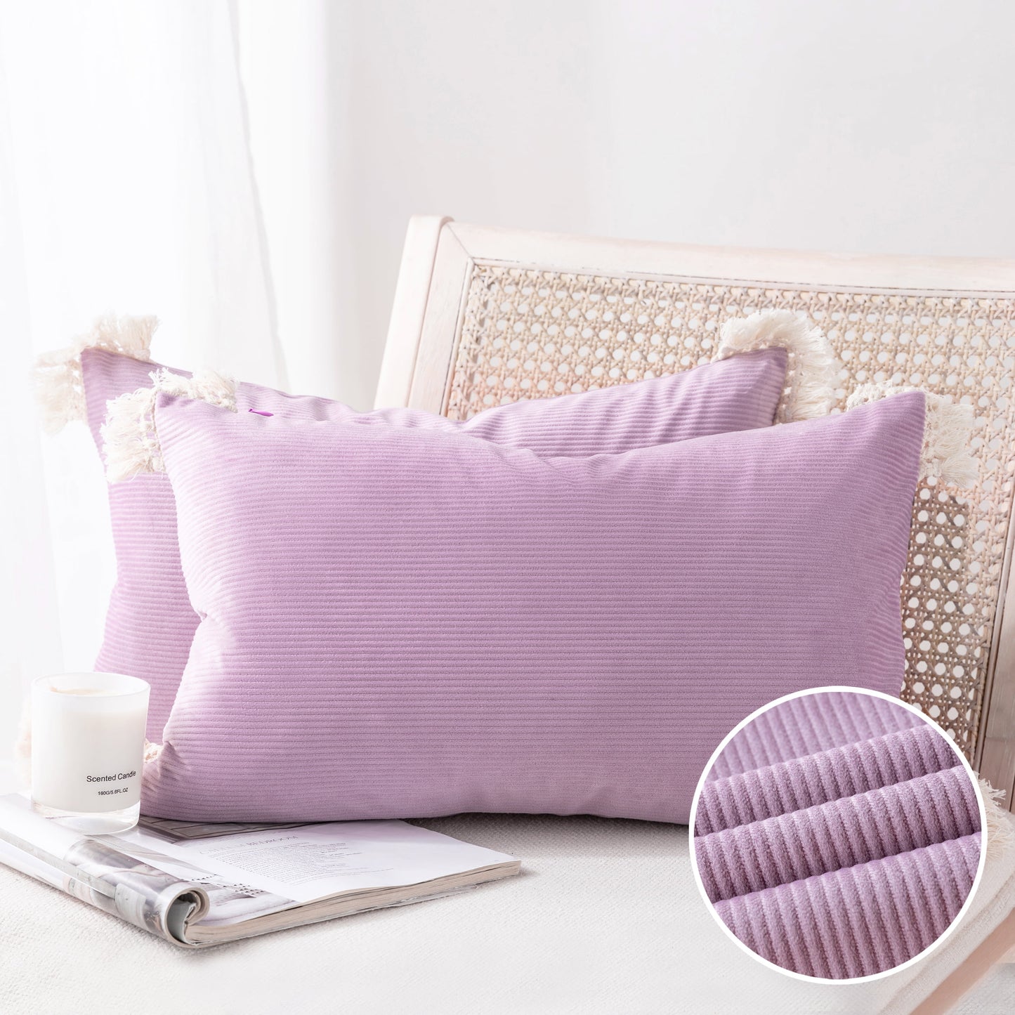 Soft Corduroy Velvet with Cotton Tassel Solid Square Cusion Accent Decorative Throw Pillow for Couch, 12" X 20", off White, 2 Pack