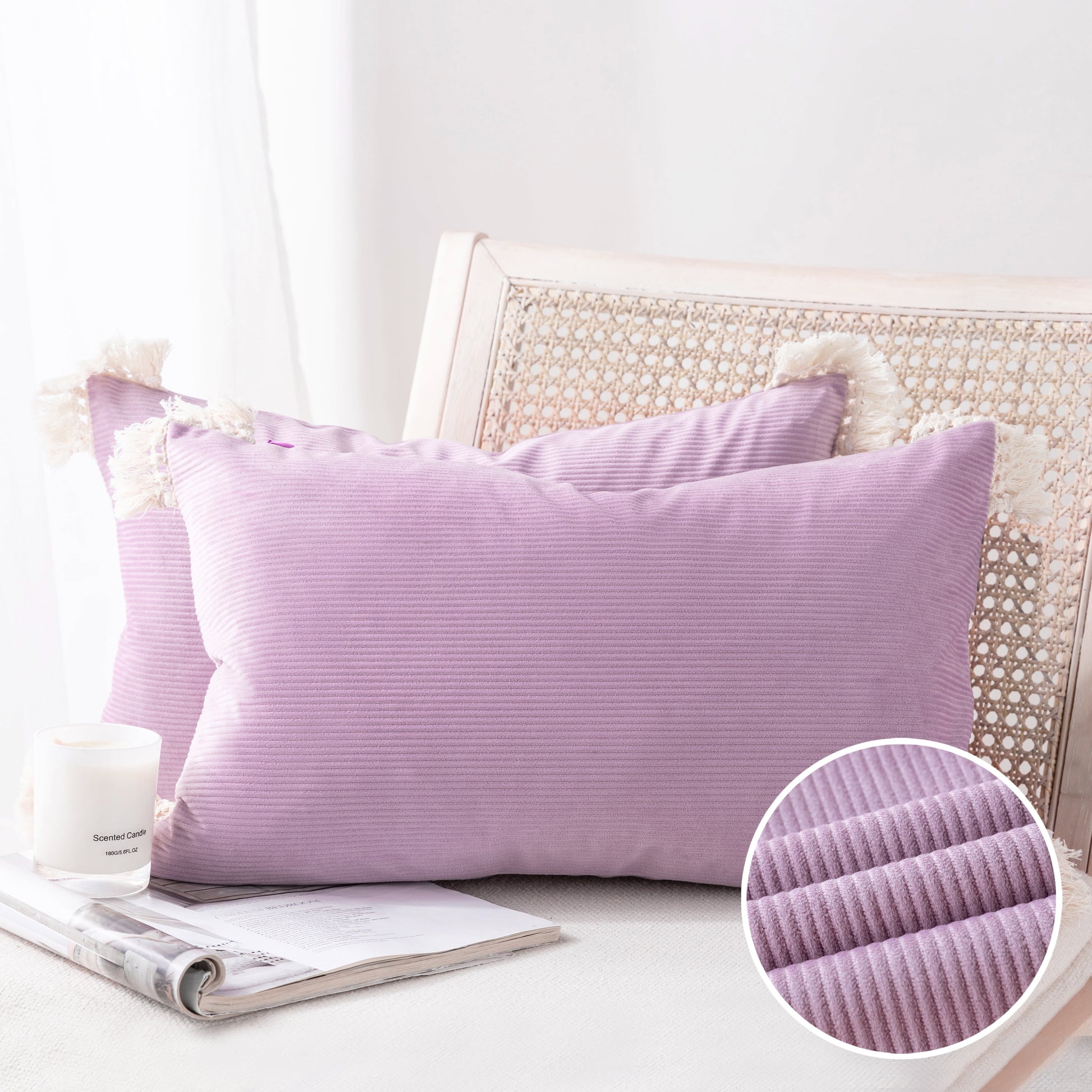 Soft Corduroy Velvet with Cotton Tassel Solid Square Cusion Accent Decorative Throw Pillow for Couch, 12" X 20", off White, 2 Pack