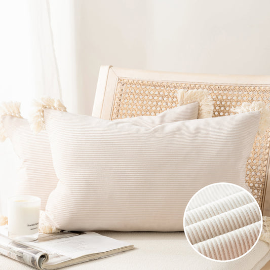 Soft Corduroy Velvet with Cotton Tassel Solid Square Cusion Accent Decorative Throw Pillow for Couch, 12" X 20", off White, 2 Pack