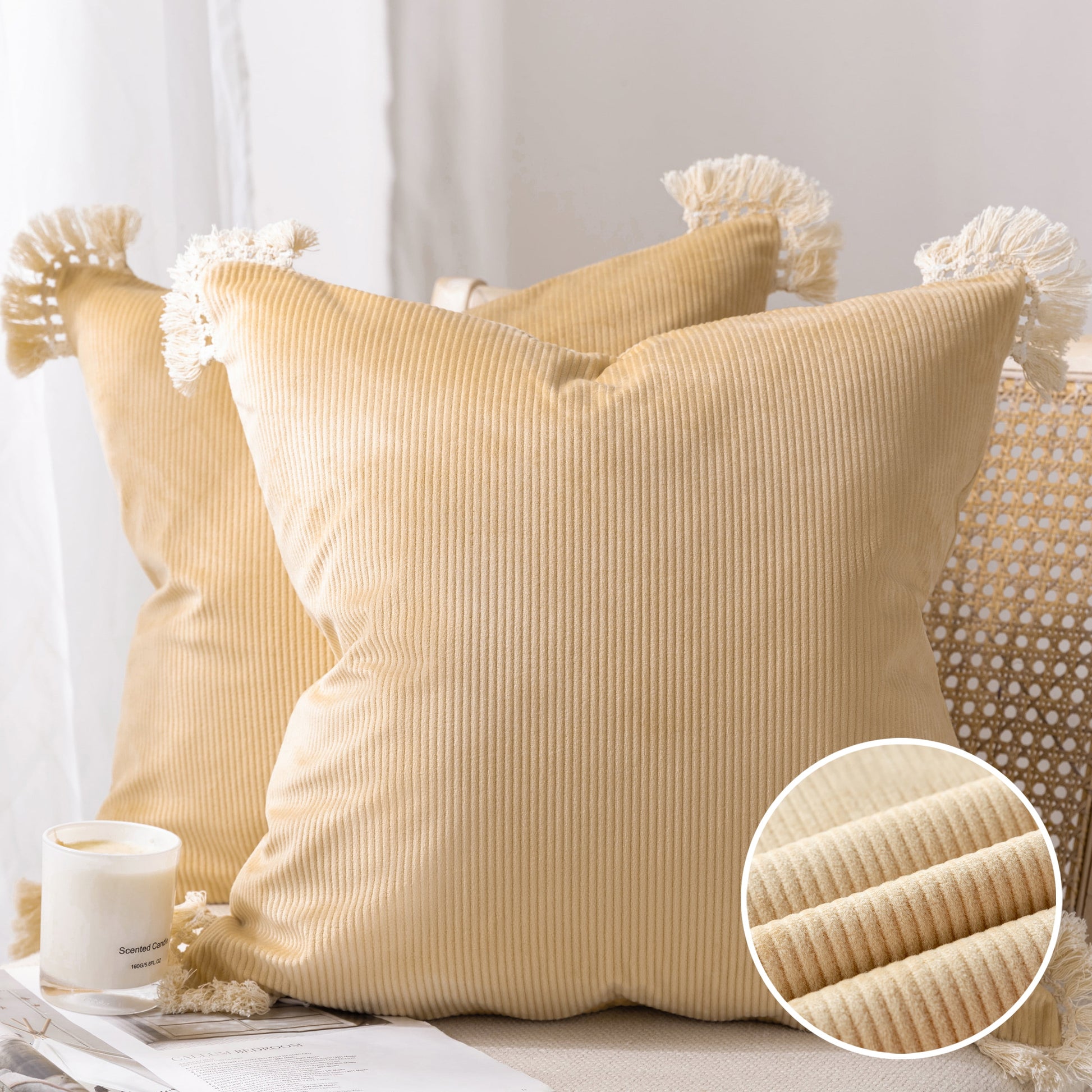 Soft Corduroy Velvet with Cotton Tassel Solid Square Cusion Accent Decorative Throw Pillow for Couch, 12" X 20", off White, 2 Pack