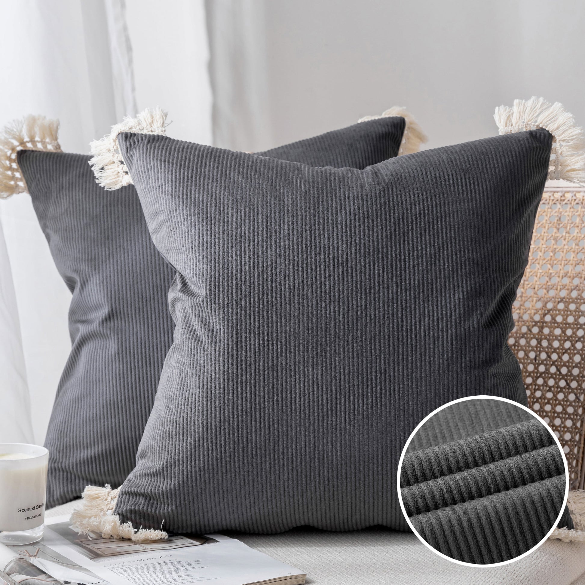 Soft Corduroy Velvet with Cotton Tassel Solid Square Cusion Accent Decorative Throw Pillow for Couch, 12" X 20", off White, 2 Pack