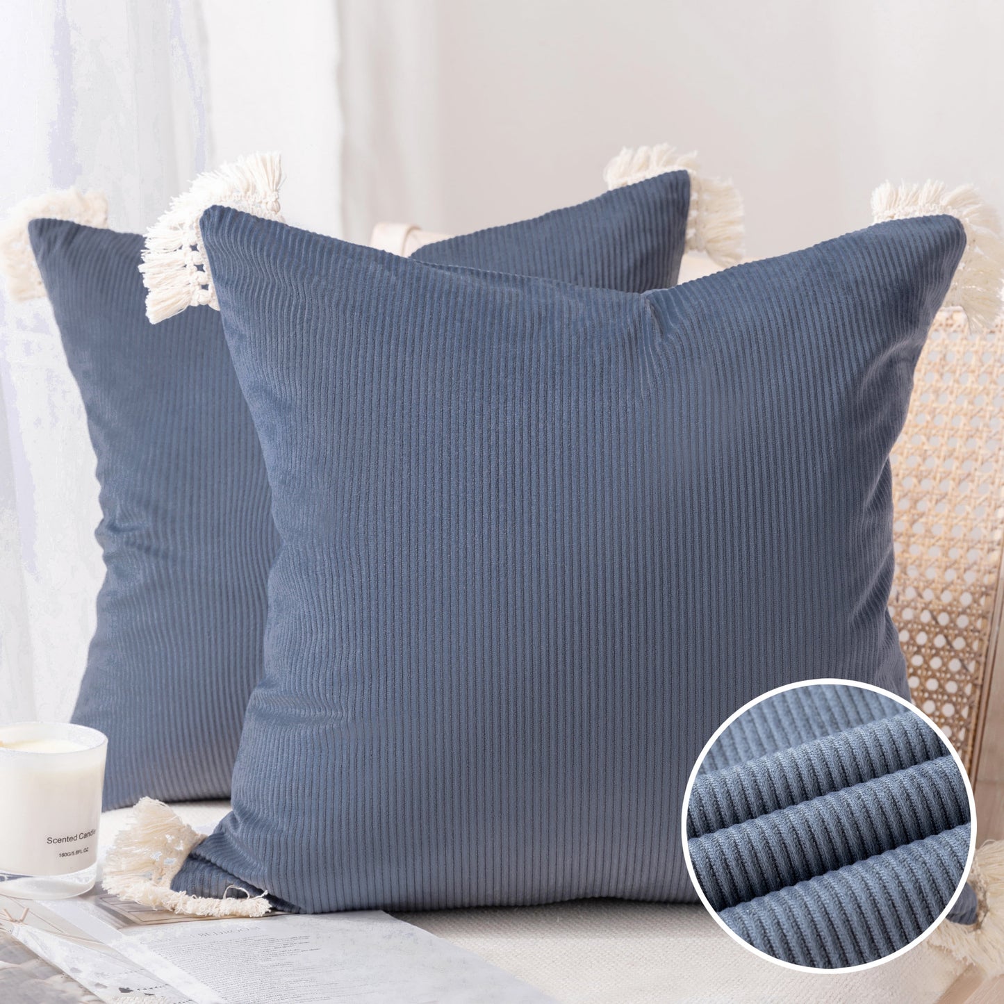 Soft Corduroy Velvet with Cotton Tassel Solid Square Cusion Accent Decorative Throw Pillow for Couch, 12" X 20", off White, 2 Pack