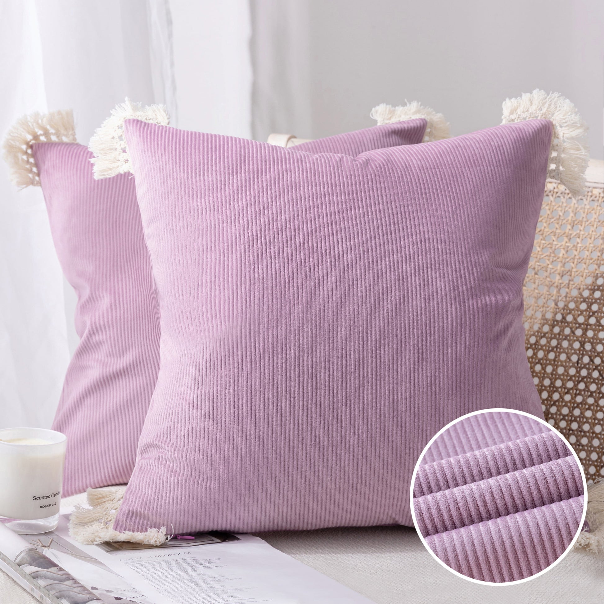 Soft Corduroy Velvet with Cotton Tassel Solid Square Cusion Accent Decorative Throw Pillow for Couch, 12" X 20", off White, 2 Pack