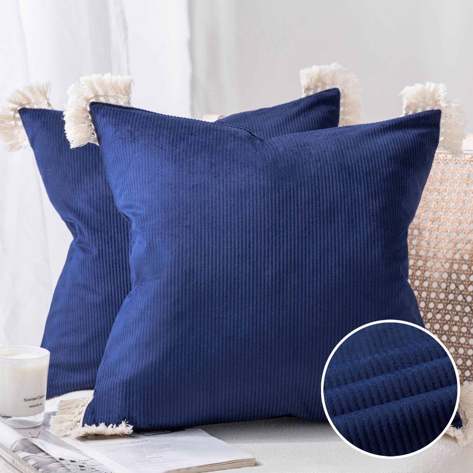 Soft Corduroy Velvet with Cotton Tassel Solid Square Cusion Accent Decorative Throw Pillow for Couch, 12" X 20", off White, 2 Pack