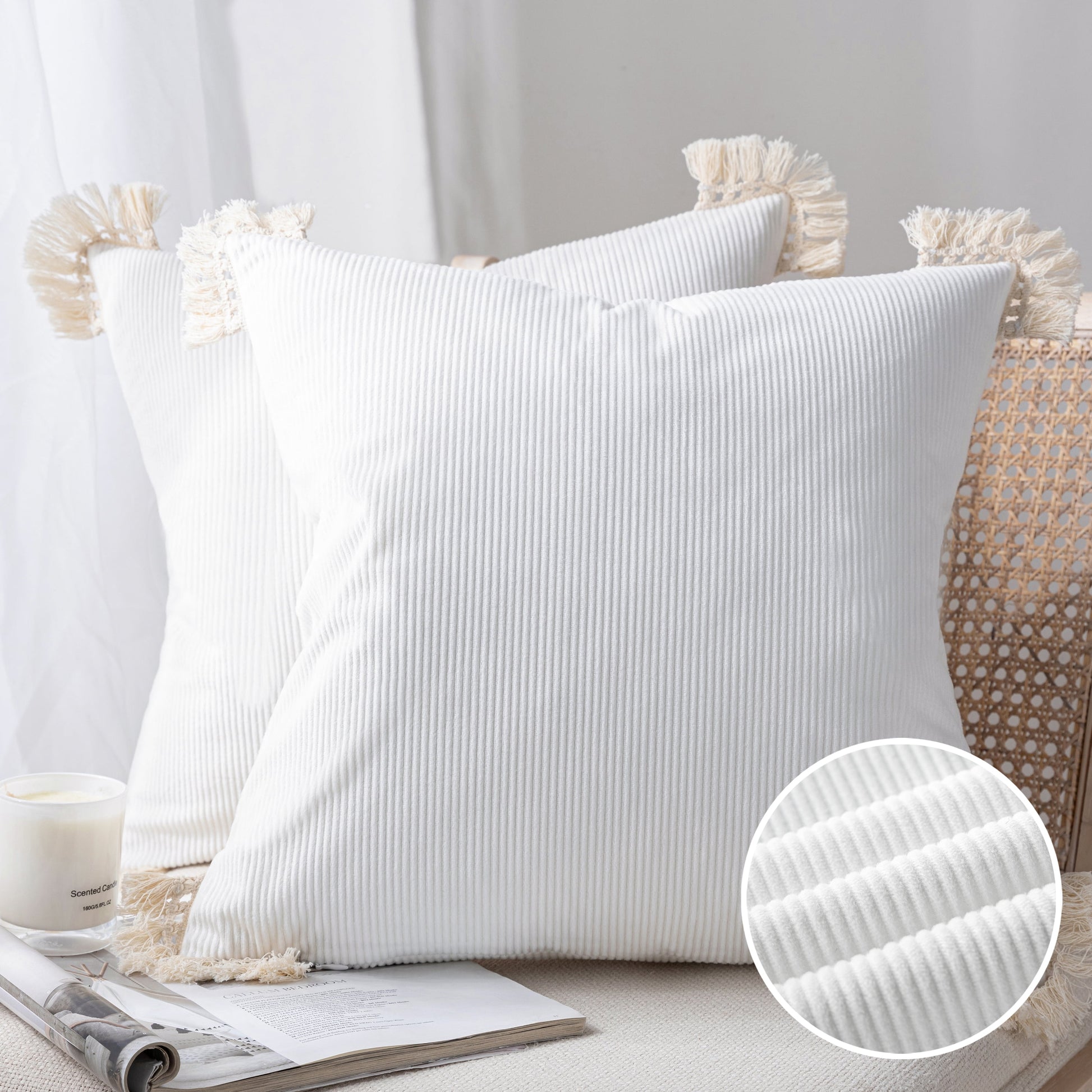 Soft Corduroy Velvet with Cotton Tassel Solid Square Cusion Accent Decorative Throw Pillow for Couch, 12" X 20", off White, 2 Pack
