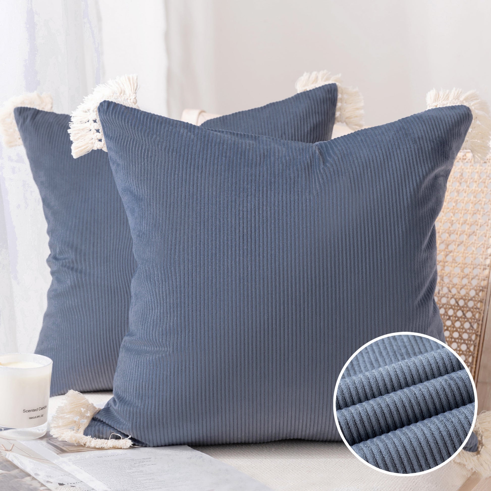 Soft Corduroy Velvet with Cotton Tassel Solid Square Cusion Accent Decorative Throw Pillow for Couch, 12" X 20", off White, 2 Pack