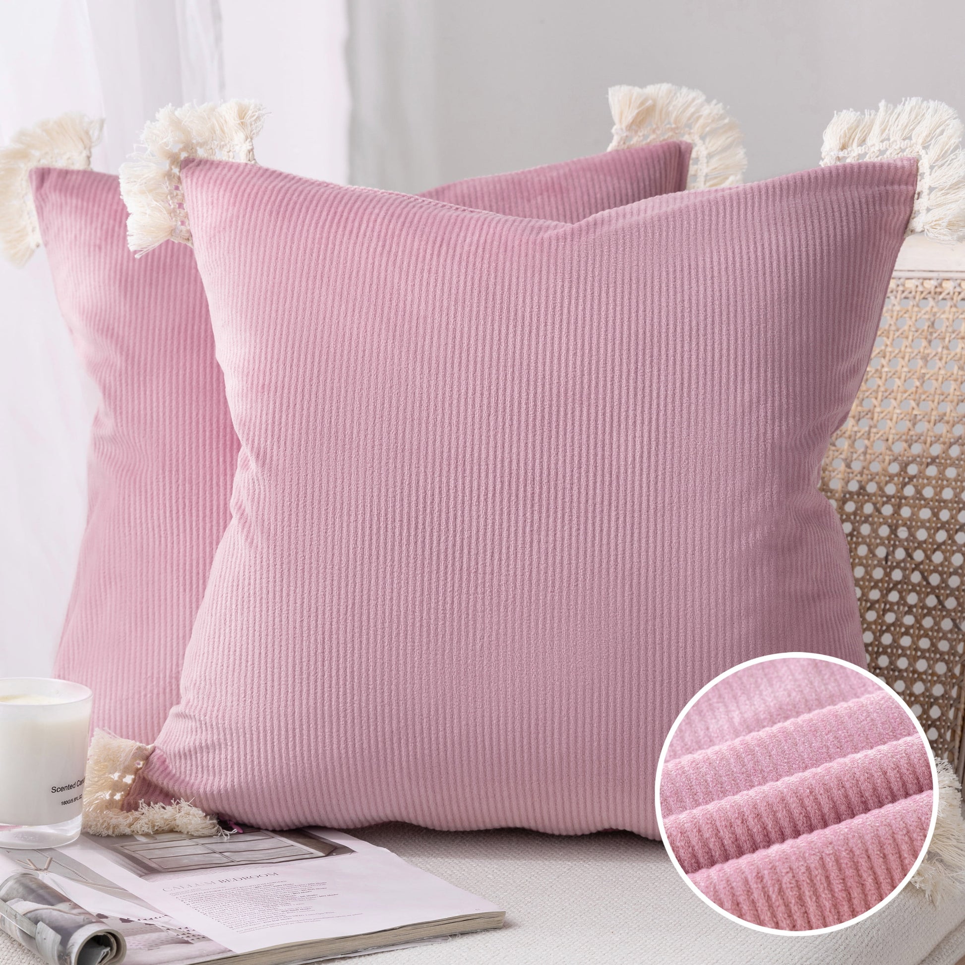 Soft Corduroy Velvet with Cotton Tassel Solid Square Cusion Accent Decorative Throw Pillow for Couch, 12" X 20", off White, 2 Pack