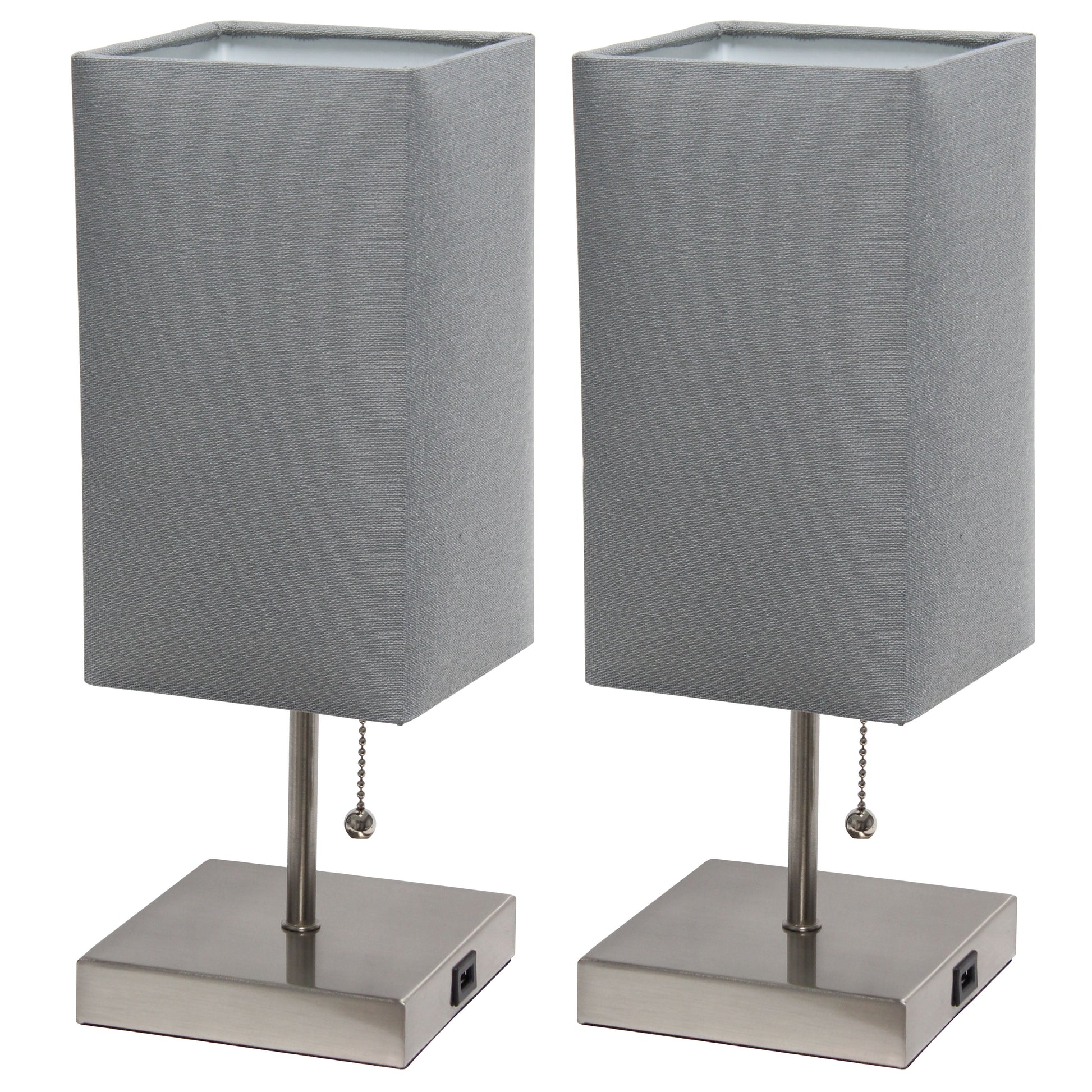 14.25" Petite Brushed Nickel Stick Lamp 2 Pack Set with USB Charging Port, Gray Shade