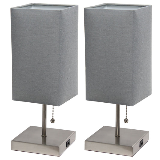 14.25" Petite Brushed Nickel Stick Lamp 2 Pack Set with USB Charging Port, Gray Shade