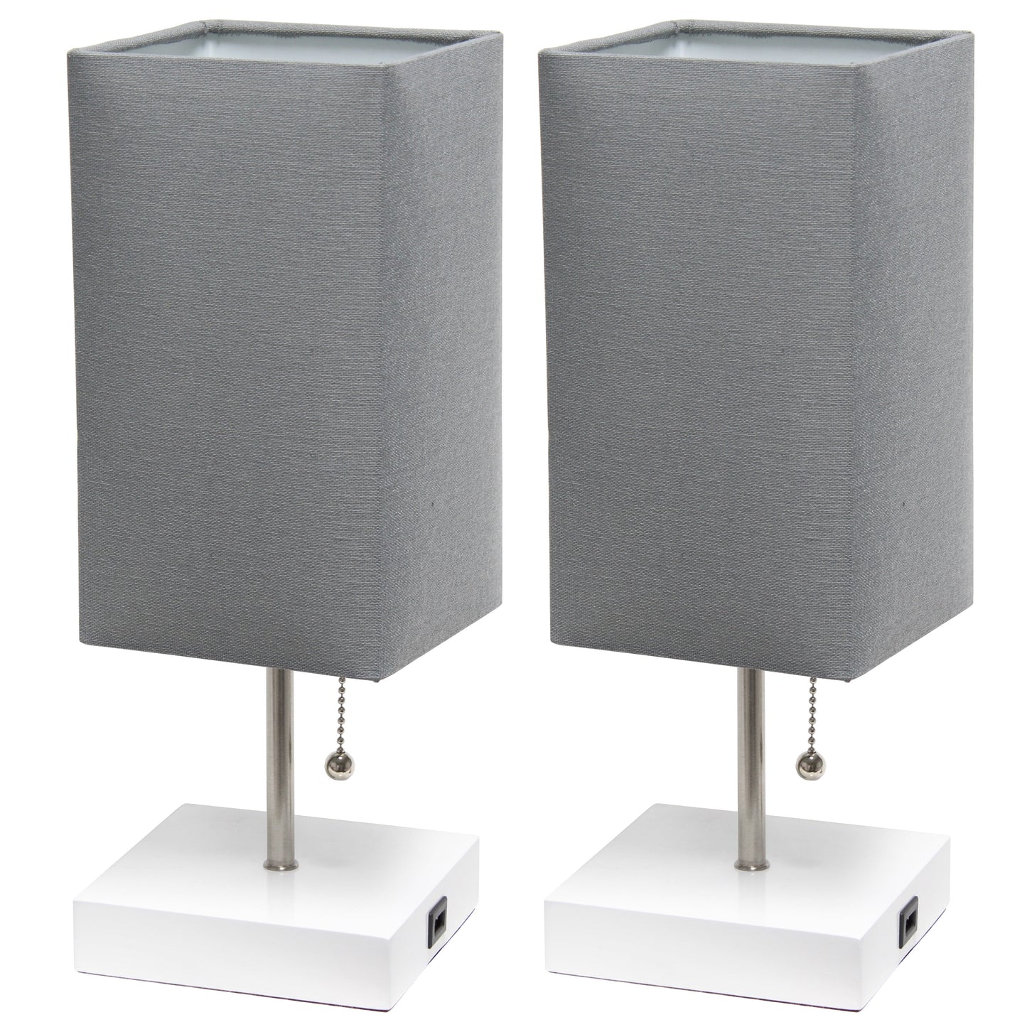 14.25" Petite Brushed Nickel Stick Lamp 2 Pack Set with USB Charging Port, Gray Shade
