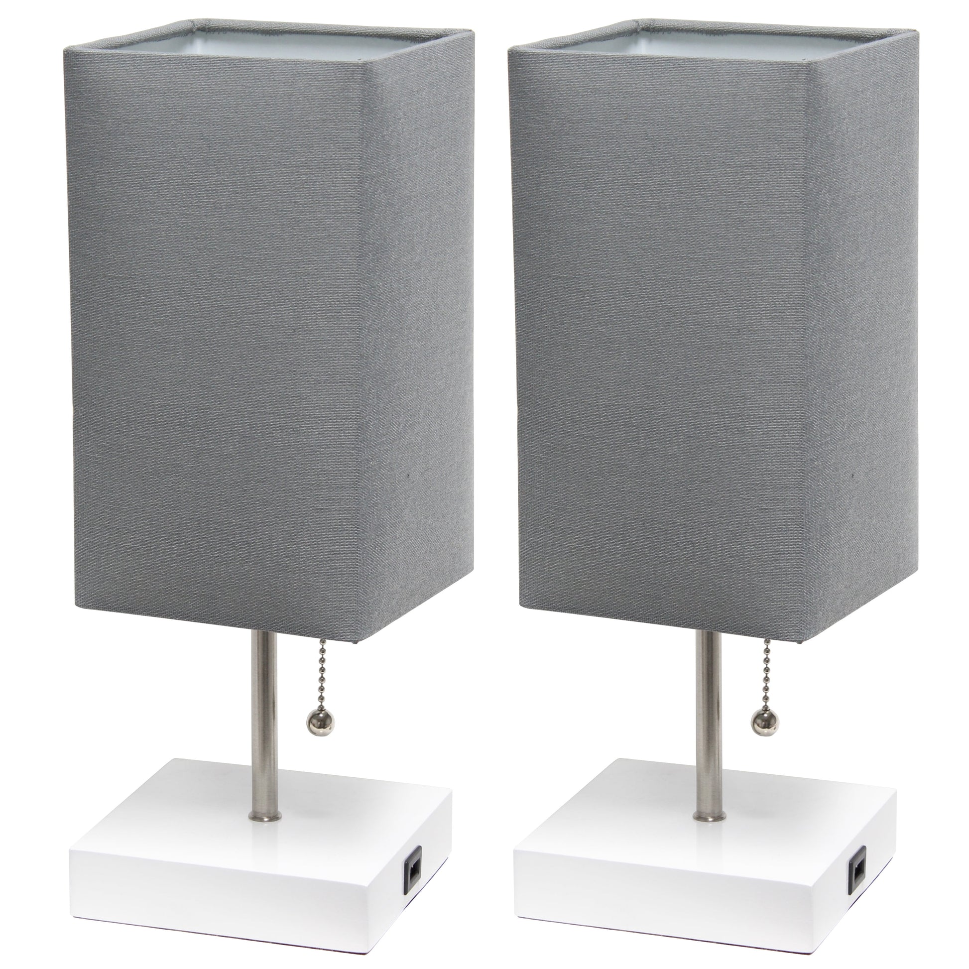 14.25" Petite Brushed Nickel Stick Lamp 2 Pack Set with USB Charging Port, Gray Shade