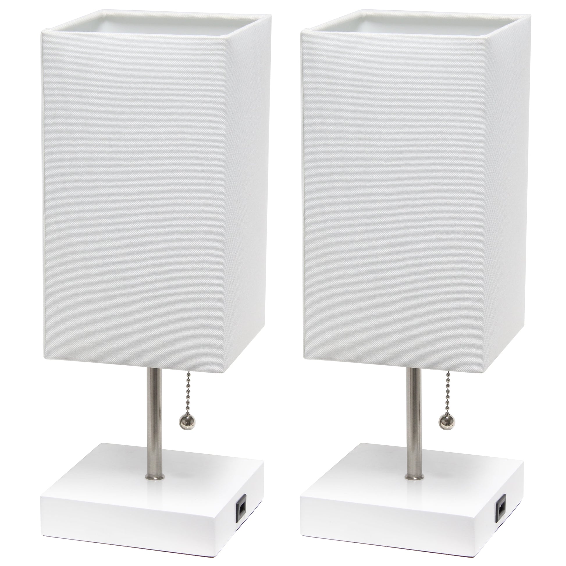 14.25" Petite Brushed Nickel Stick Lamp 2 Pack Set with USB Charging Port, Gray Shade
