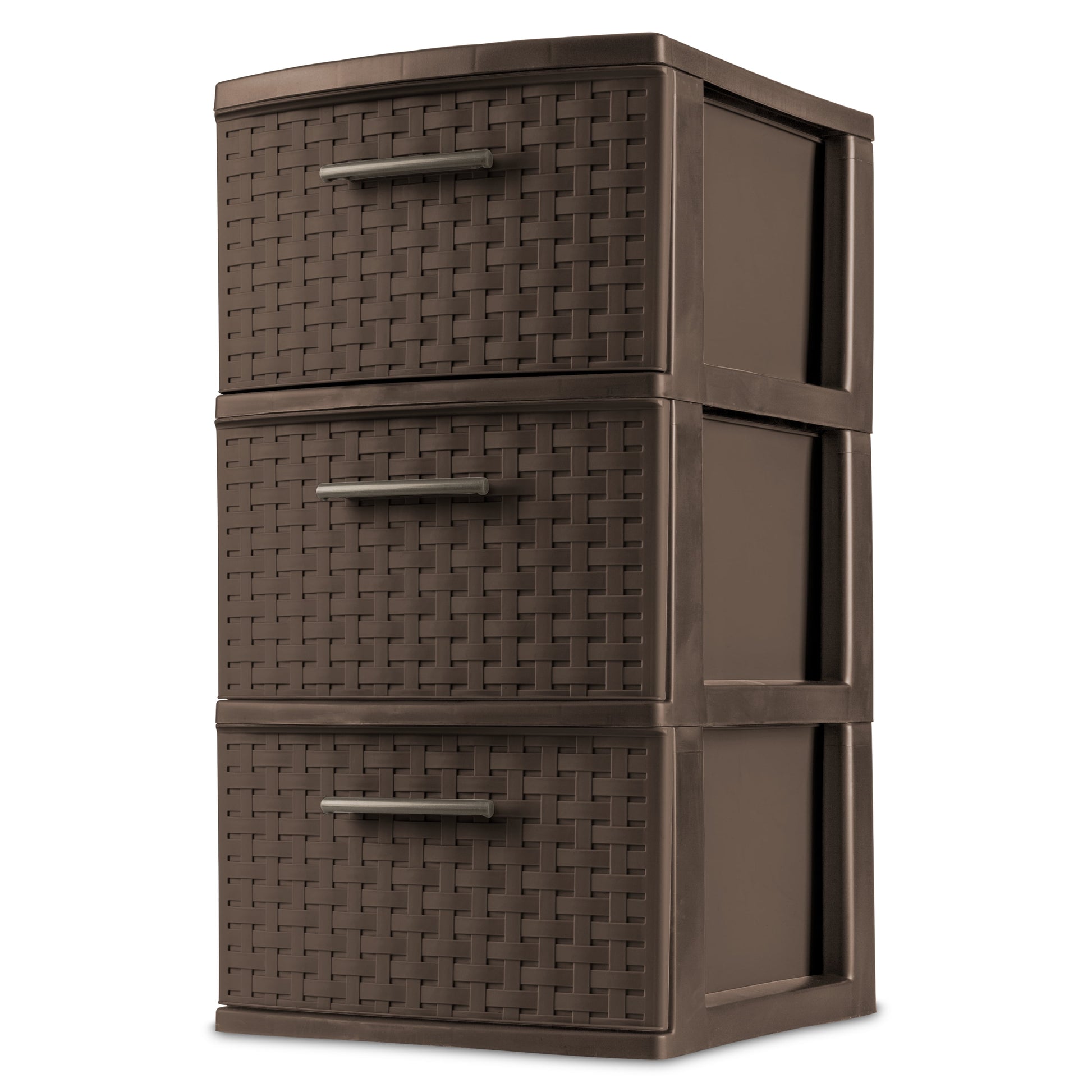 3 Drawer Tower, Slim Plastic Weave 3 Drawer Tower with Pull Handles, Brown