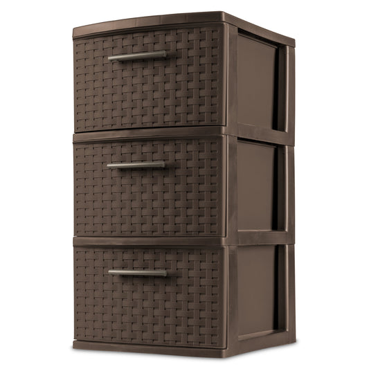 3 Drawer Tower, Slim Plastic Weave 3 Drawer Tower with Pull Handles, Brown