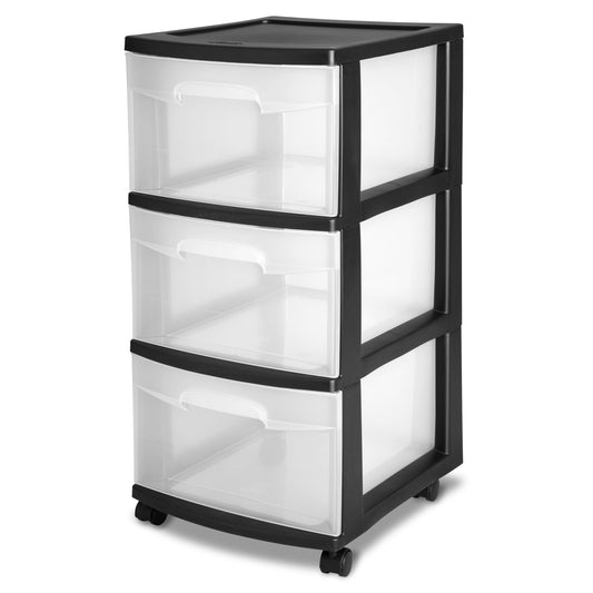 Storage Drawer, 3 Drawer Slim Plastic Storage Cart with Clear Pull Out Drawers, Black