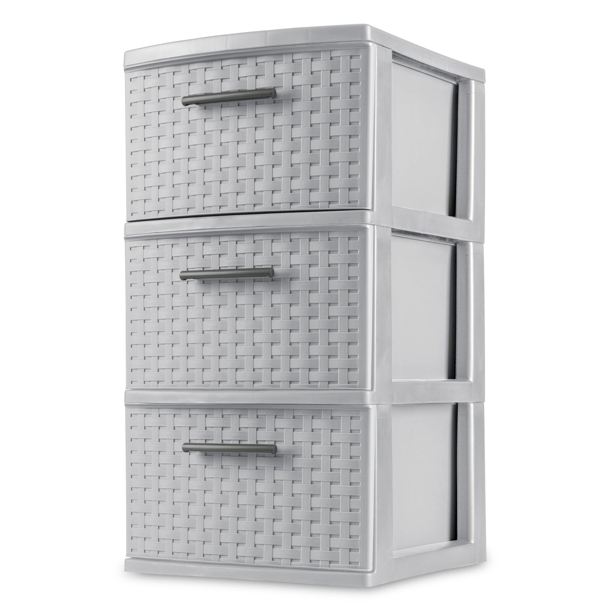 3 Drawer Tower, Slim Plastic Weave 3 Drawer Tower with Pull Handles, Brown