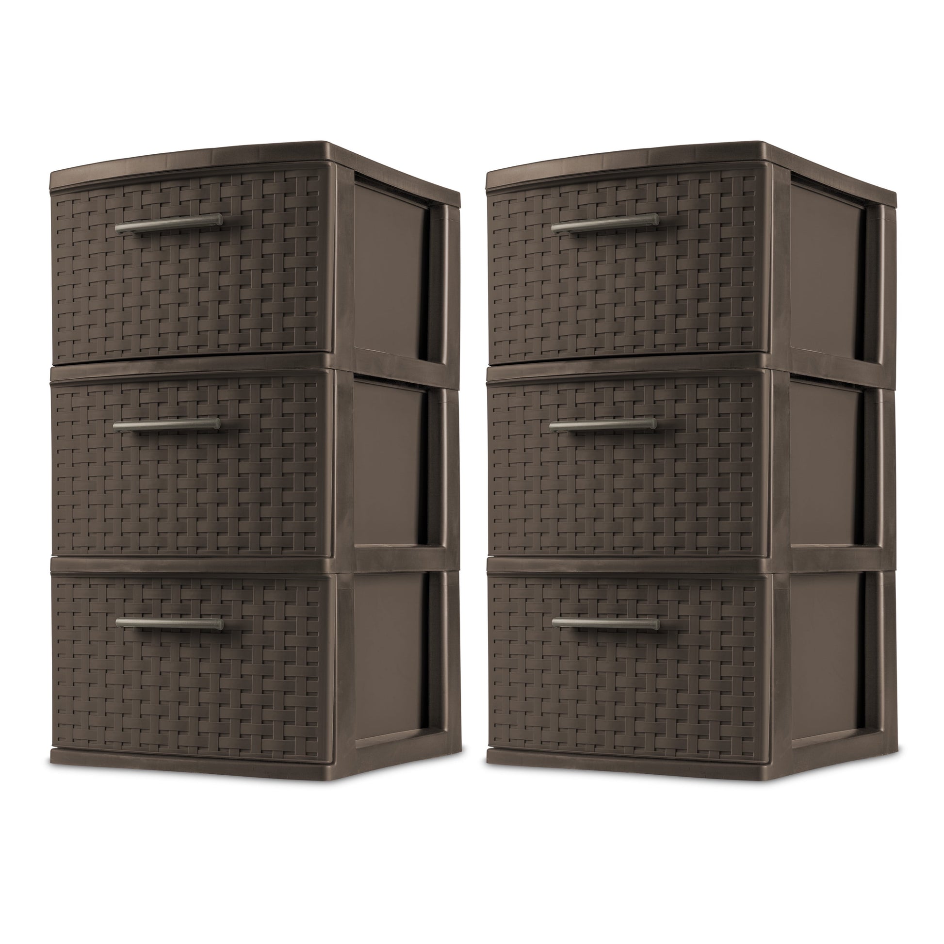 3 Drawer Tower, Slim Plastic Weave 3 Drawer Tower with Pull Handles, Brown