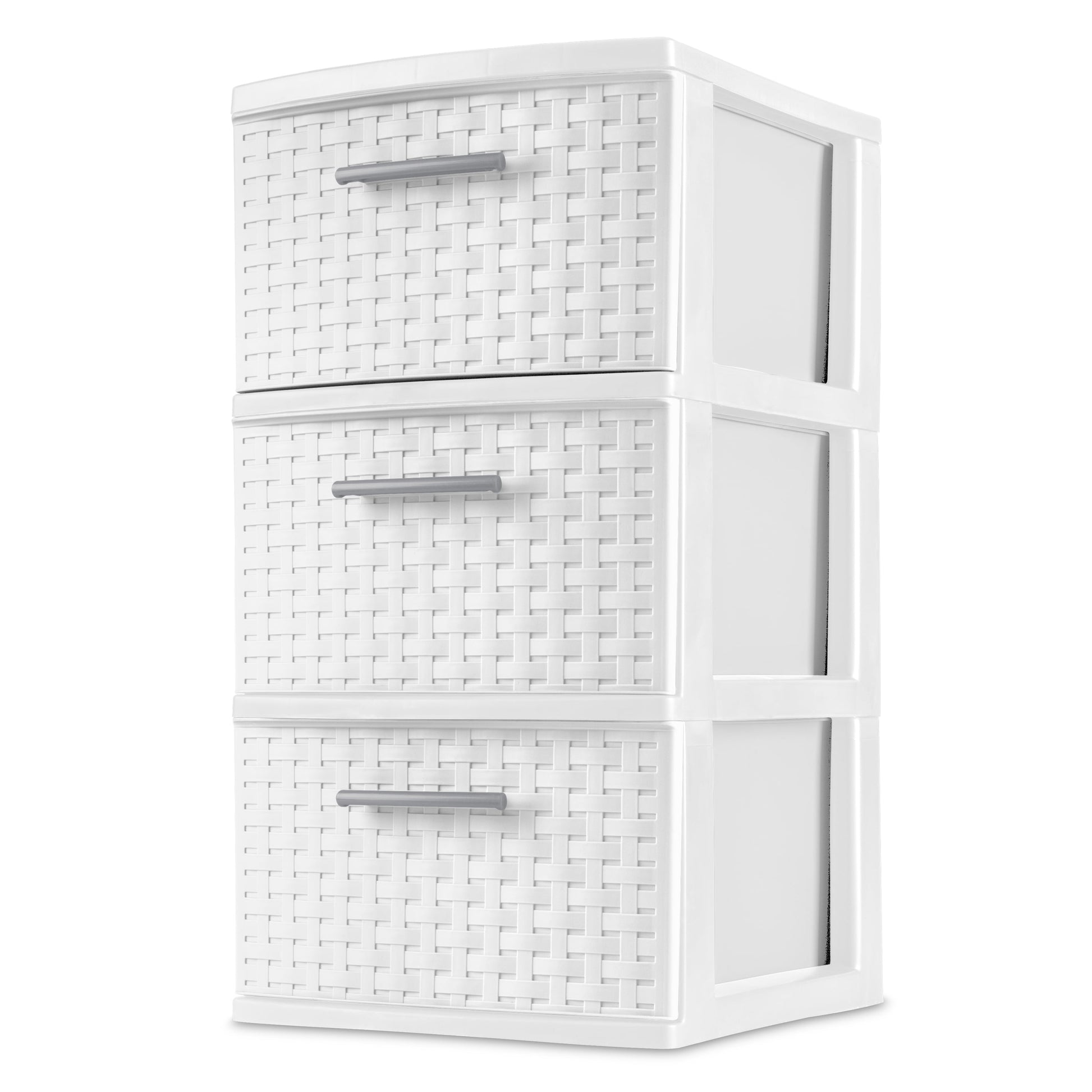 3 Drawer Tower, Slim Plastic Weave 3 Drawer Tower with Pull Handles, Brown