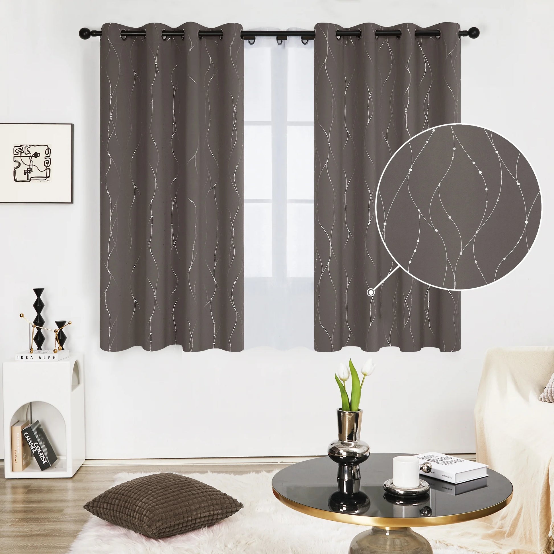 Silver Printed Blackout Curtains - 2 Panels, Wave Dots Pattern, Grommet Top, 52"X95", Thermal Insulated Drapes for Bedroom & Living Room, Gray