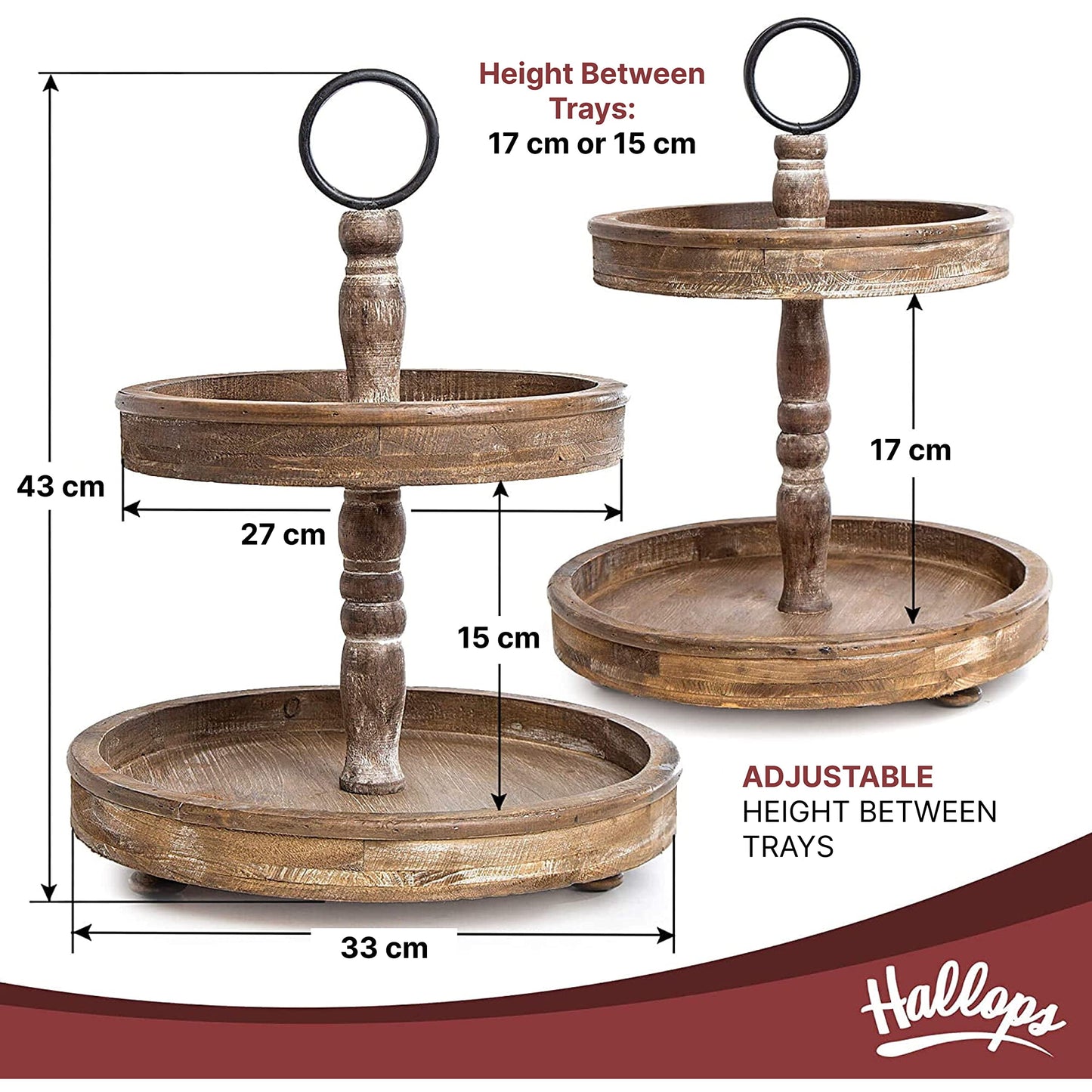 Hallocs 2 Tiered Wood Tray - Rustic Farmhouse Serving Stand for Food and Parties - Galvanized Kitchen Table Decor - Fall Tiered Tray Display (Brown)
