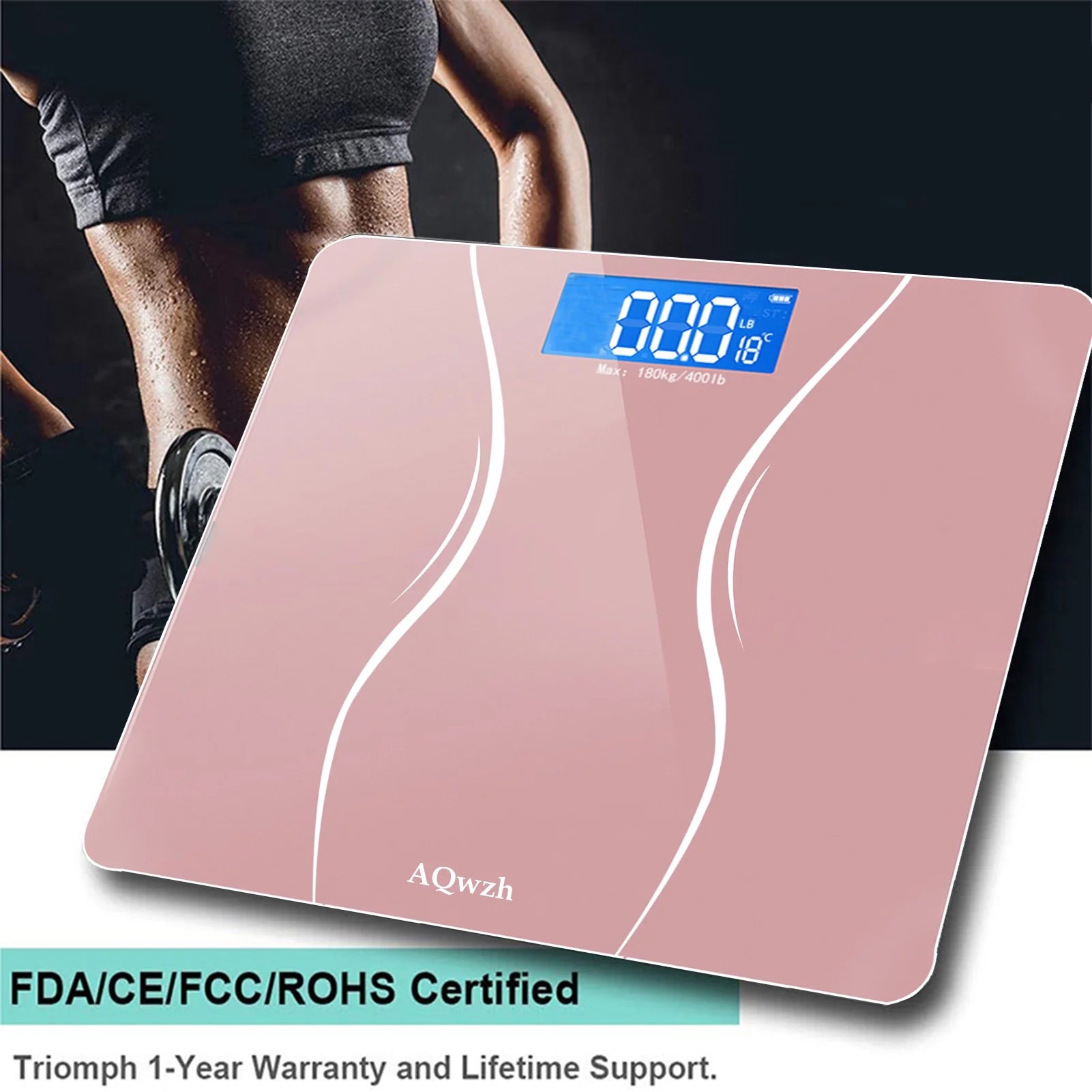 Bathroom Body Weight Scale with Step-On Technology, 396 Lbs, Body Tape Measure Included, Pink