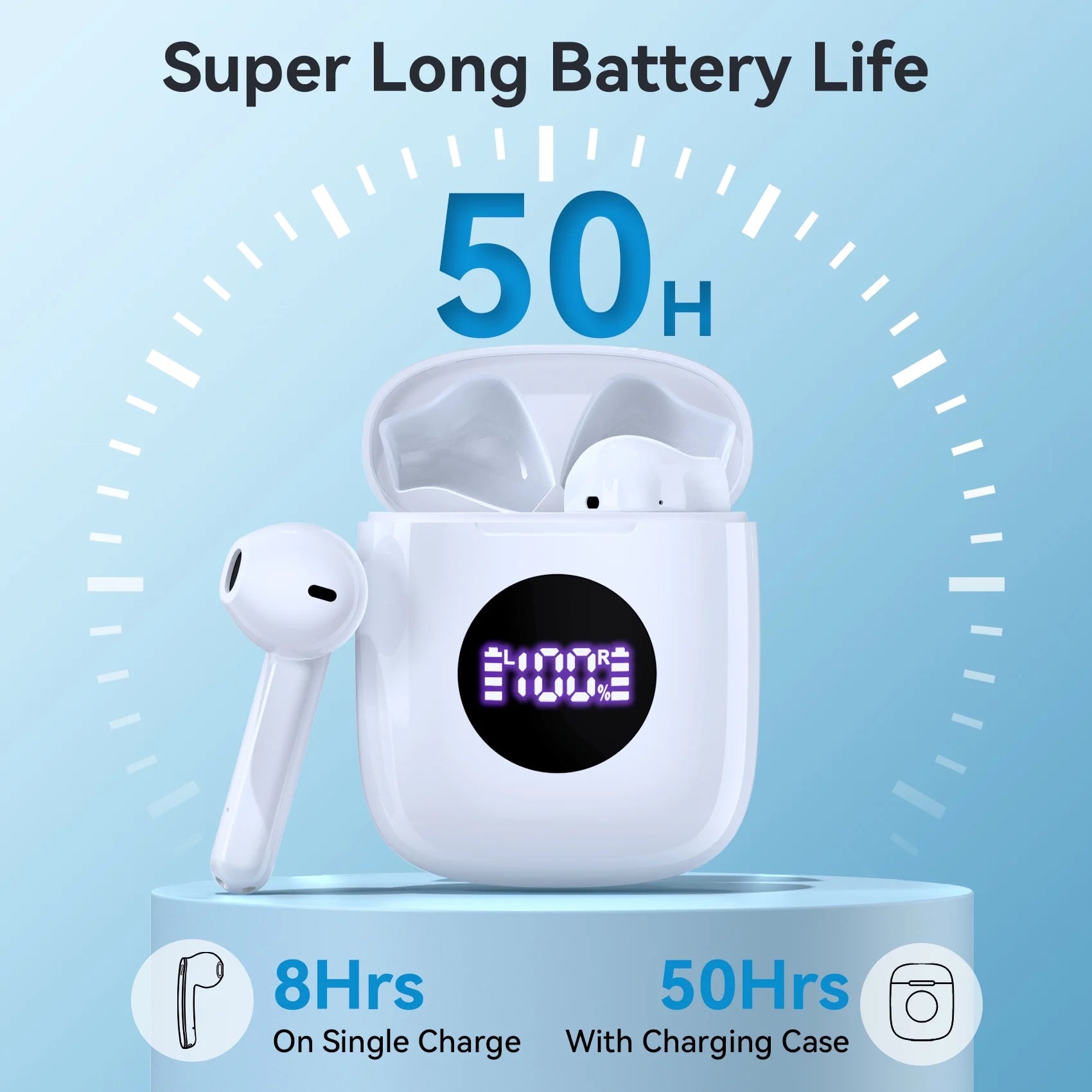 Bluetooth Headphones V5.3 Wireless Earbuds 50Hrs Battery Life with Charging Case & LED Power Display Deep Bass IPX7 Waterproof Earphones Microphone Stereo Headset for TV Smart Phone Laptop