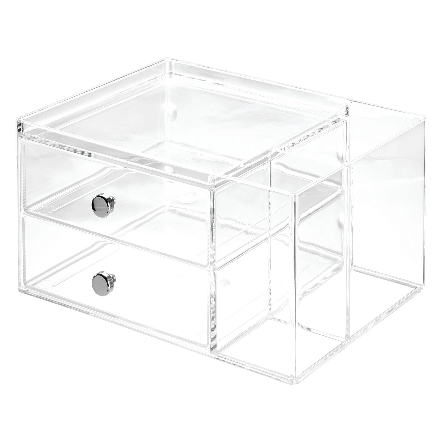 Clarity Cosmetic Organizer for Vanity Cabinet to Hold Makeup, Beauty Products, 2 Drawer with Side Caddy, Clear